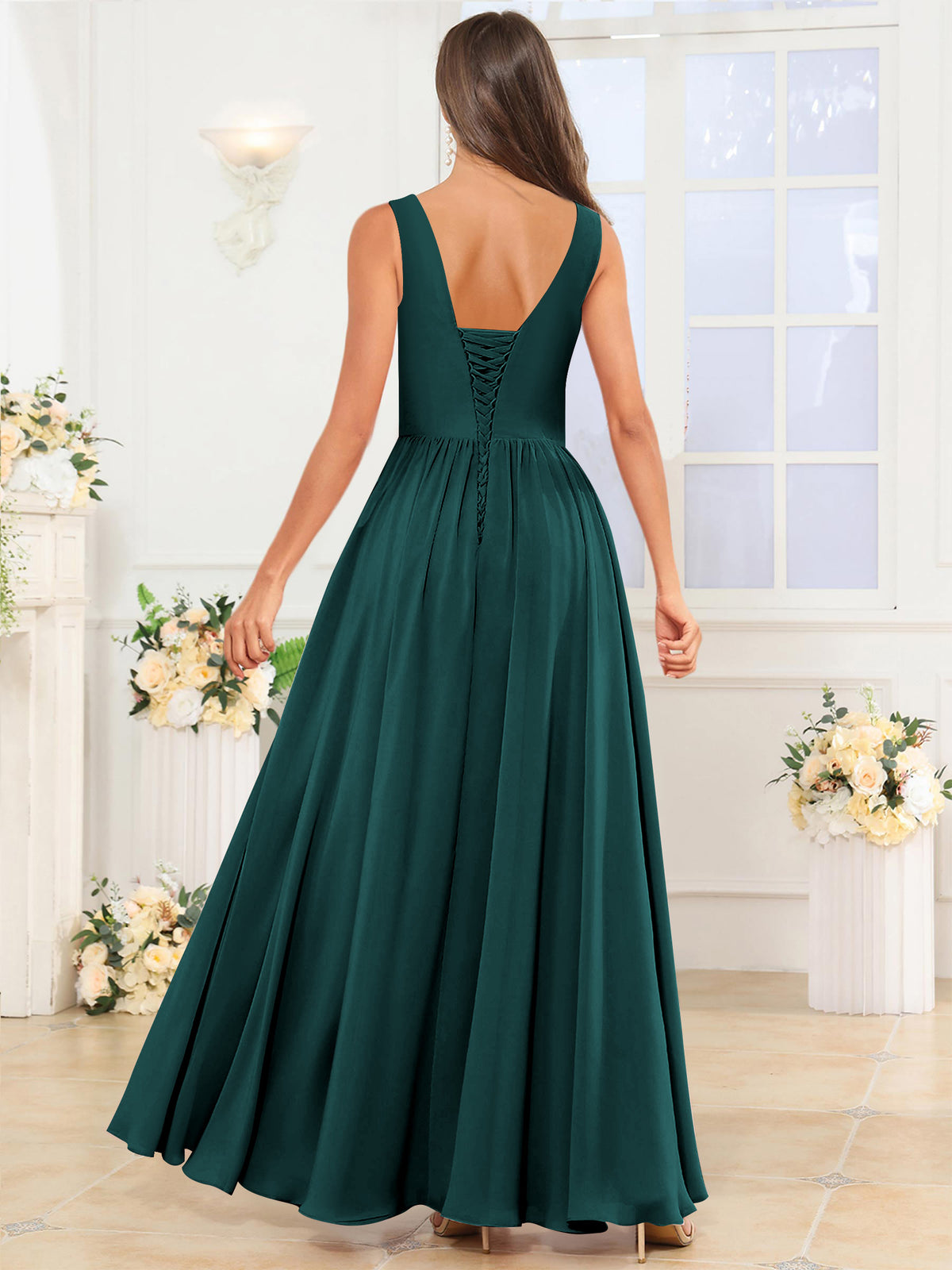 V Neck Chiffon A Line Bridesmaid Dress with Slit
