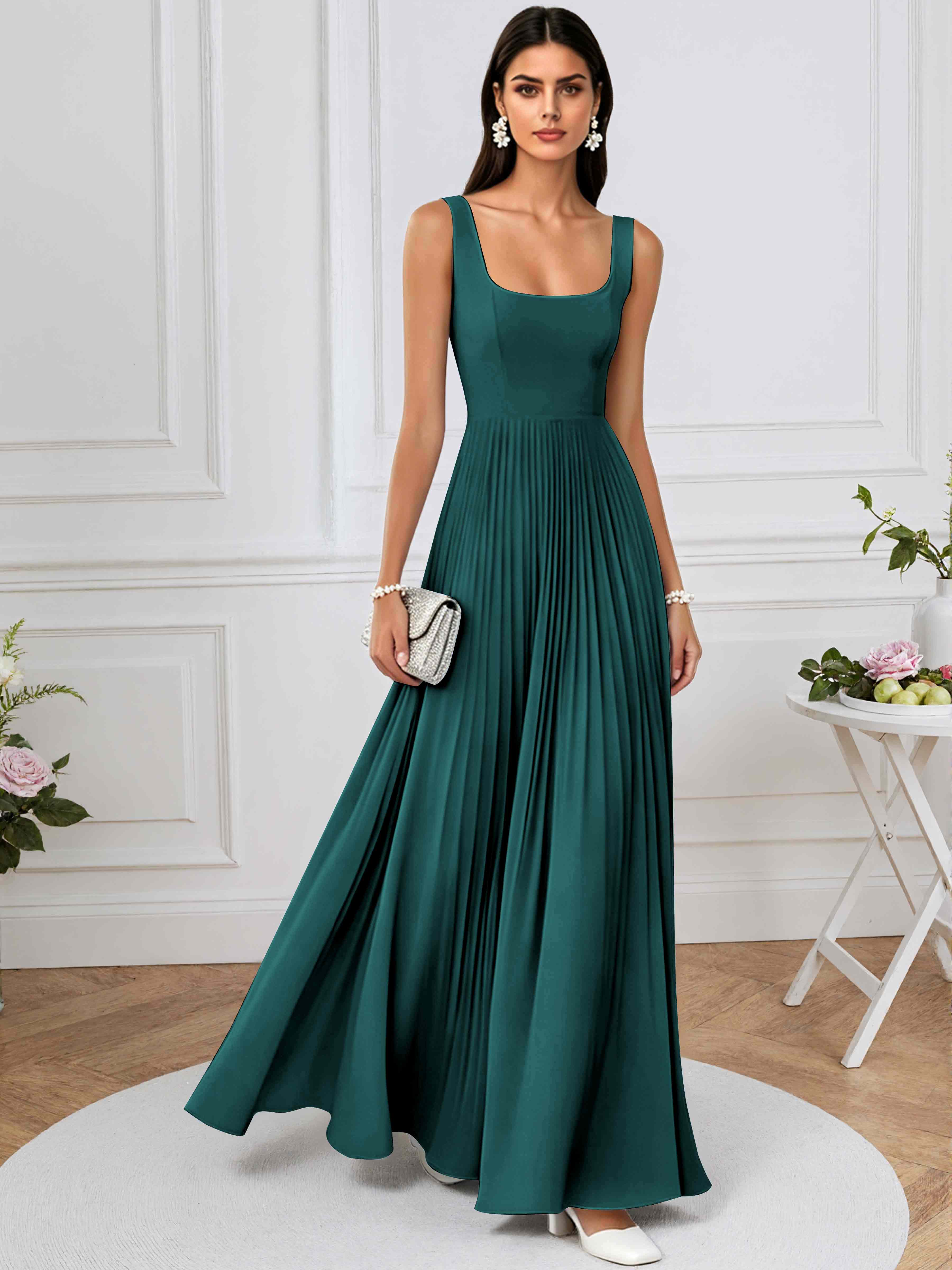 ROVDESY A-Line Square Neck Pleated Chiffon Long Bridesmaid/Prom Dress