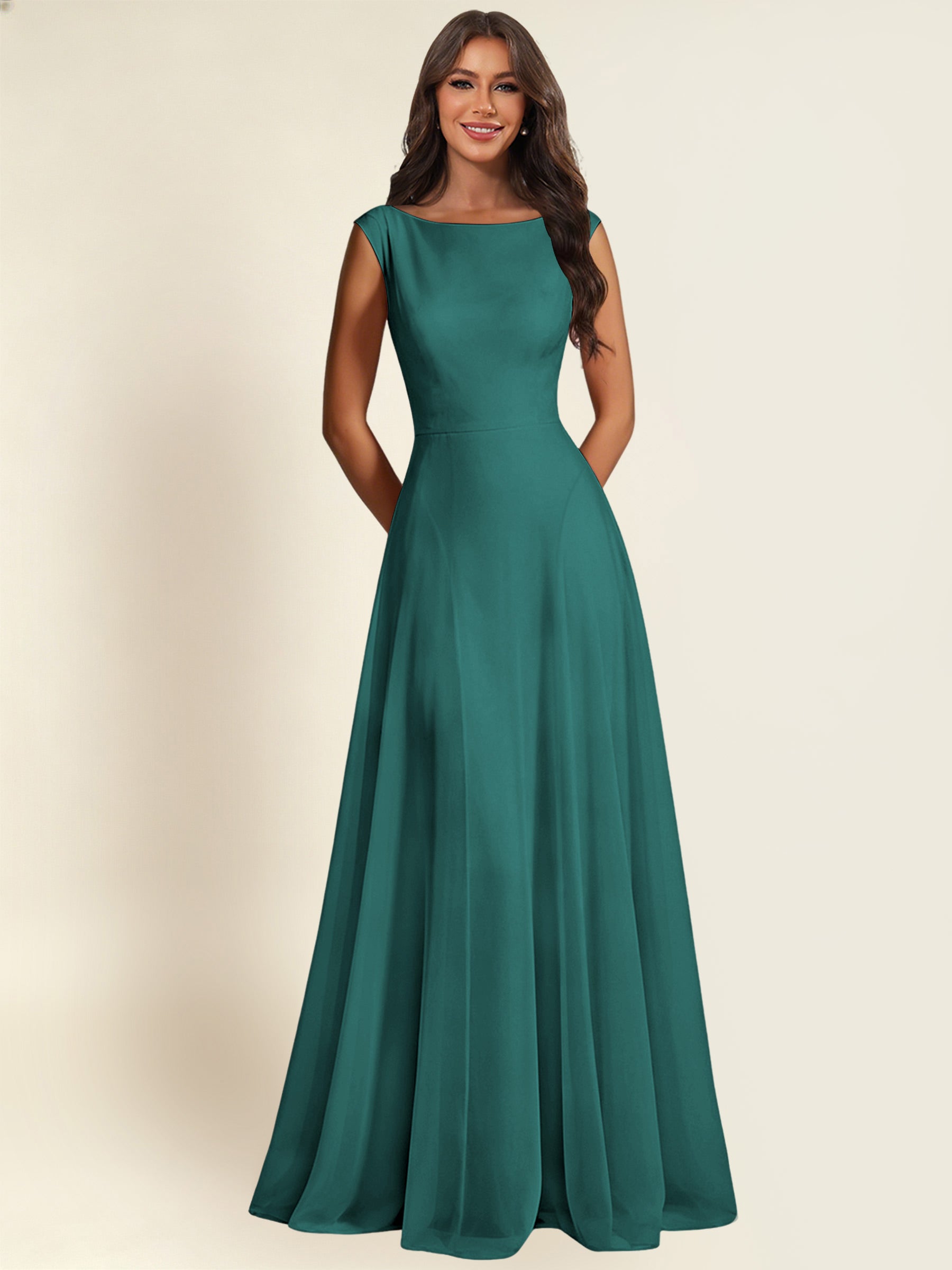 ROVDESY A-Line Chiffon Long Bridesmaid Dress With Sleeveless