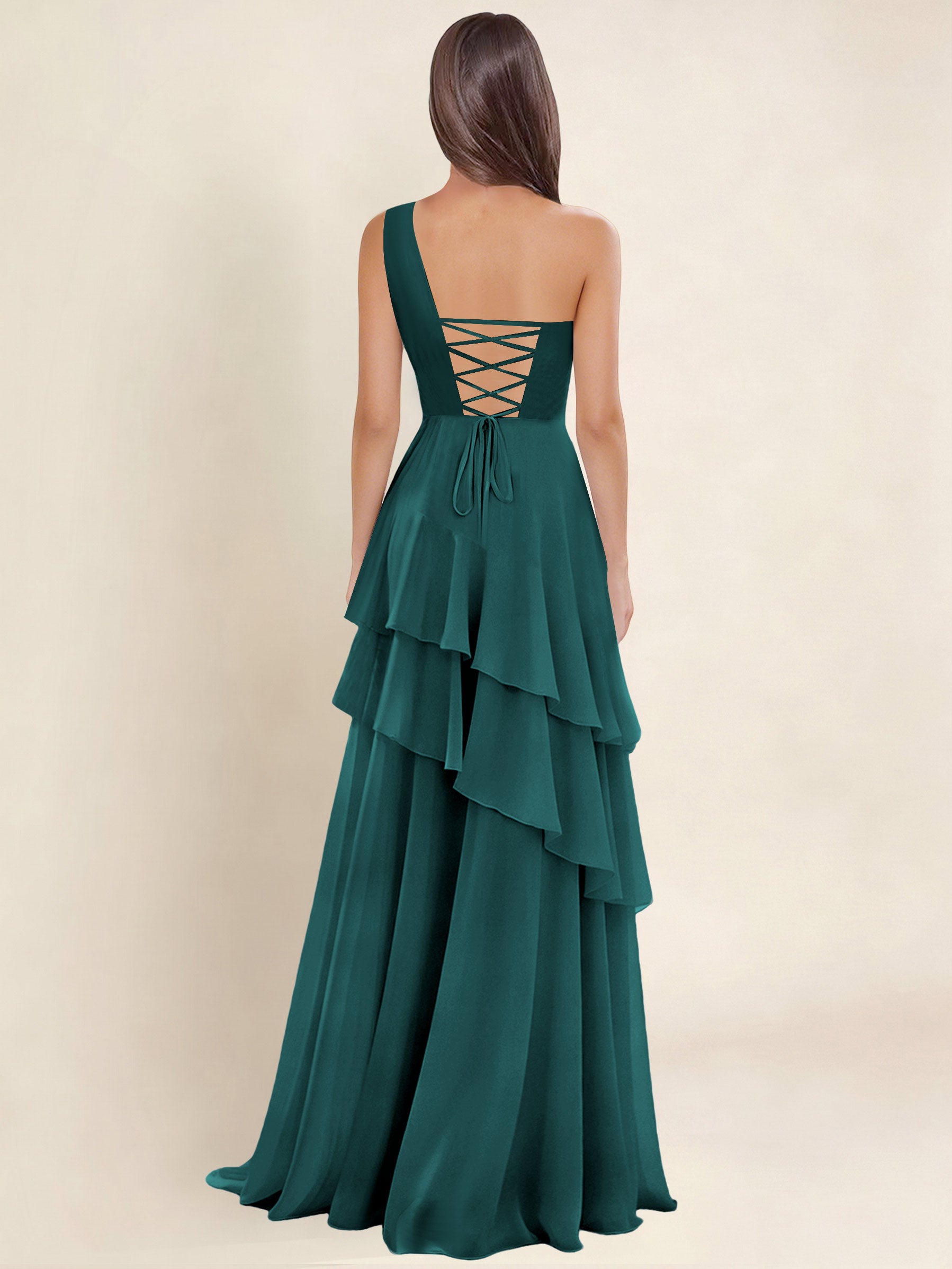 ROVDESY A-Line One Shoulder Pleated Tiered Chiffon Bridesmaid Dress
