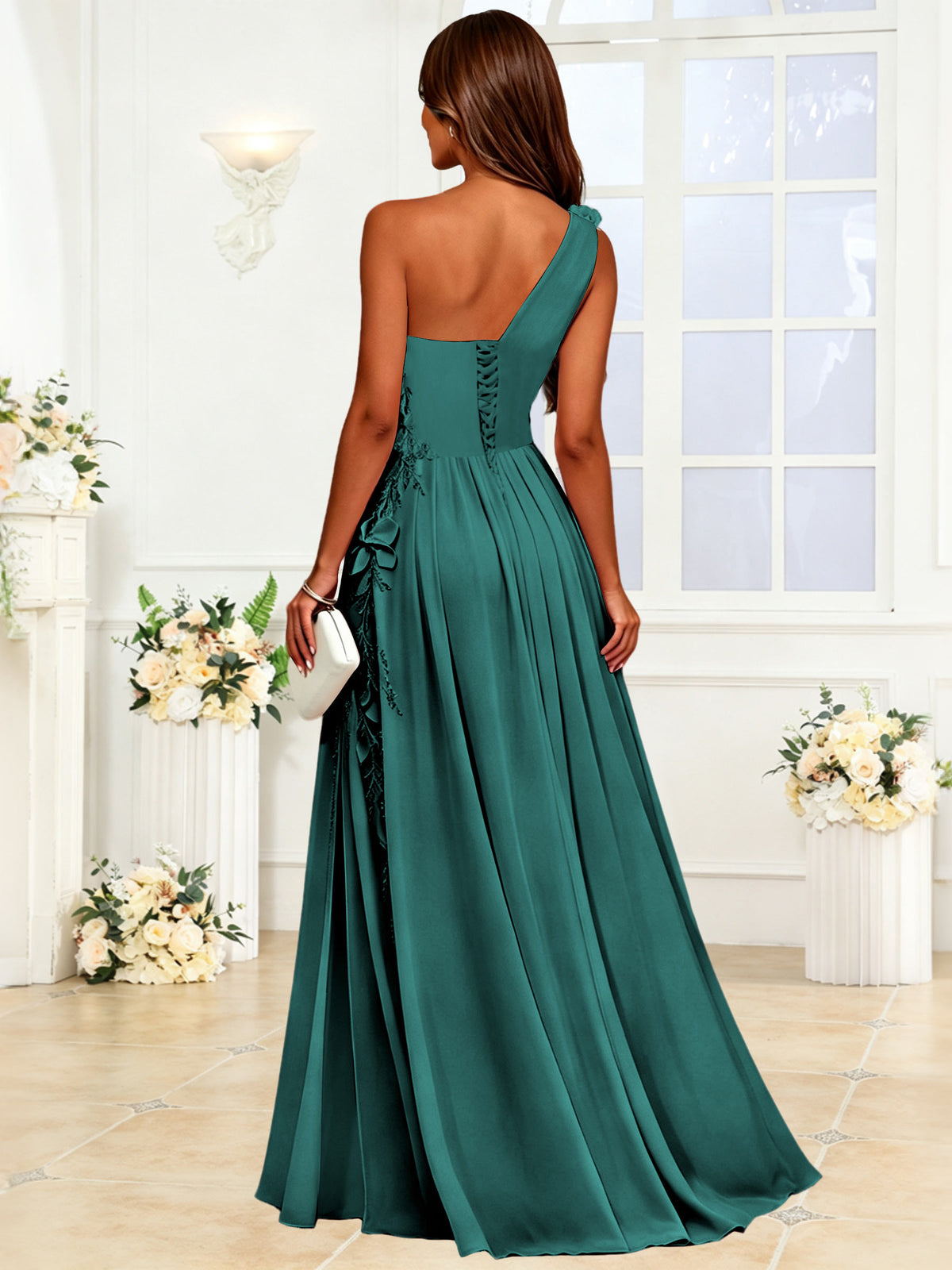 One Shoulder 3D Flower Chiffon Bridesmaid Dress with Slit