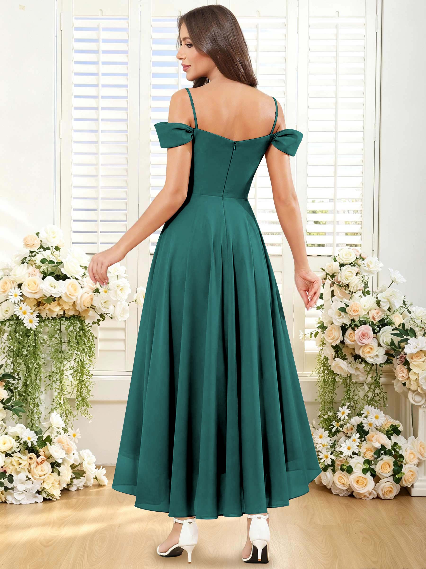 ROVDESY ROVDESY Short Cold Shoulder Sweetheart High Low Pleated Chiffon Bridesmaid Dress