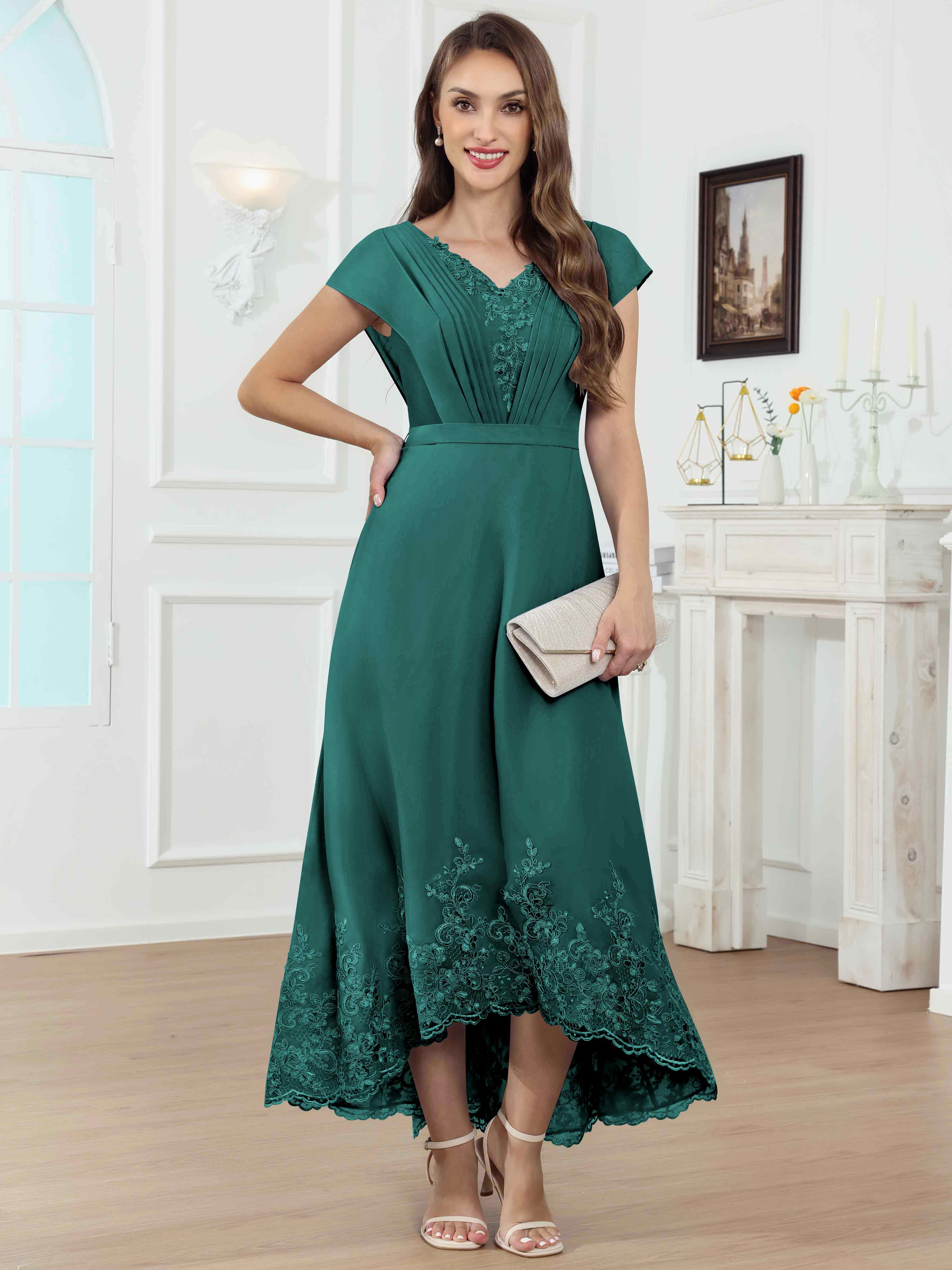 ROVDESY Tea Length High-Low V-Neck Ruched Lace Chiffon Mother of The Bride Dress for Women