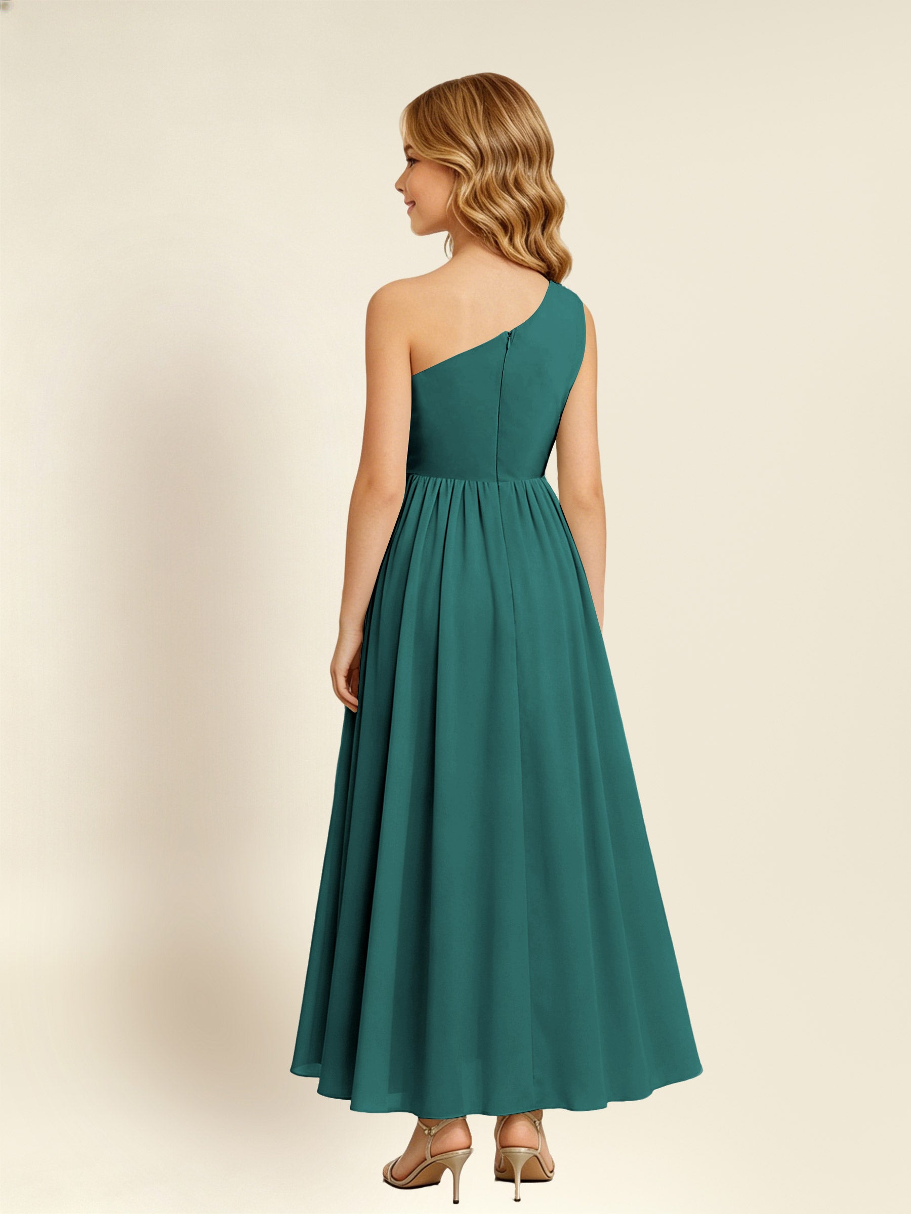 ROVDESY One Shoulder Twist Waist Chiffon Junior Bridesmaid Maxi Dress