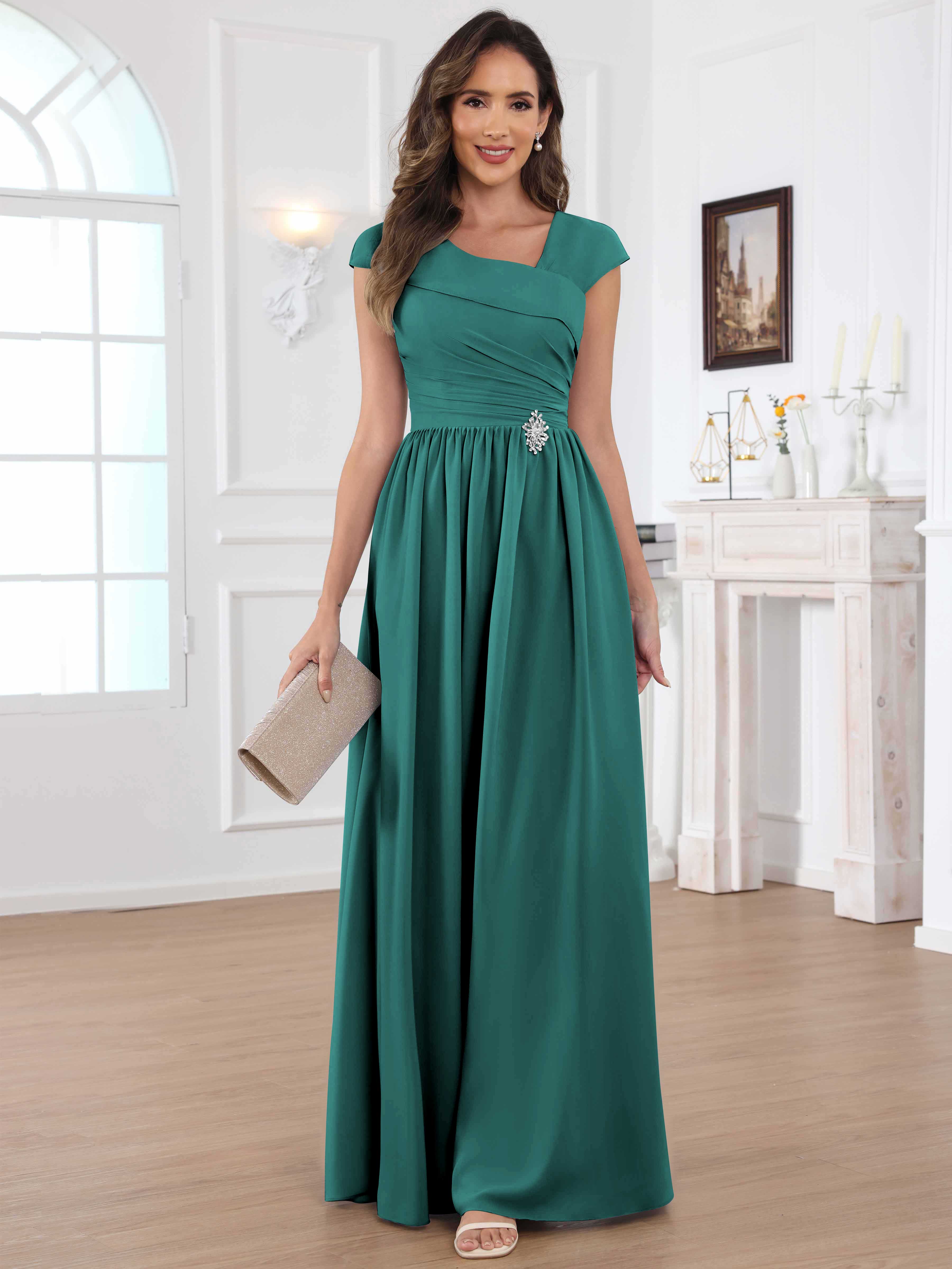 ROVDESY A-Line Cap Sleeves Pleated Chiffon Mother Of The Bride Dress