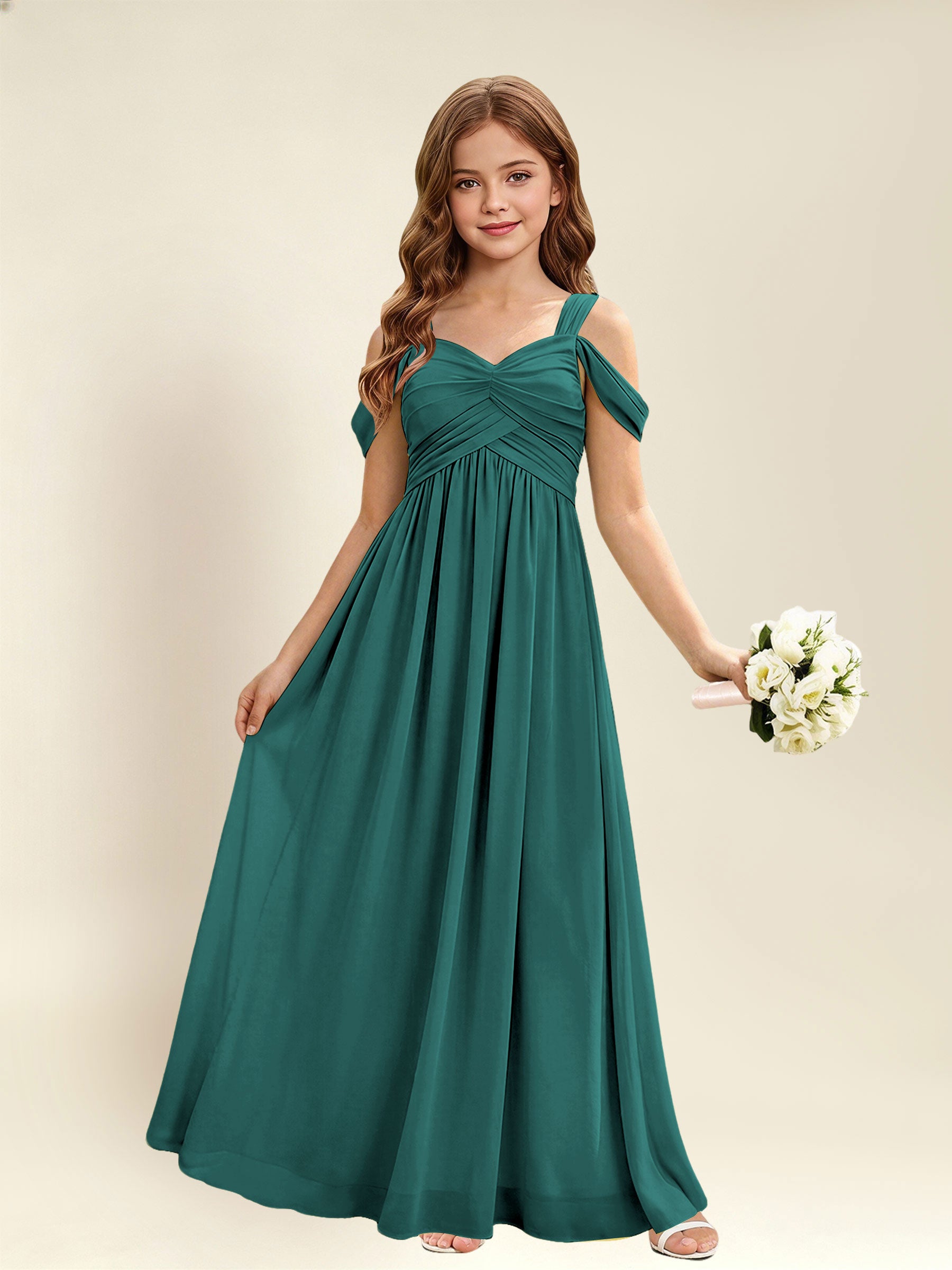 ROVDESY A-Line Off The Shoulder Pleated Chiffon Junior Bridesmaid Dress