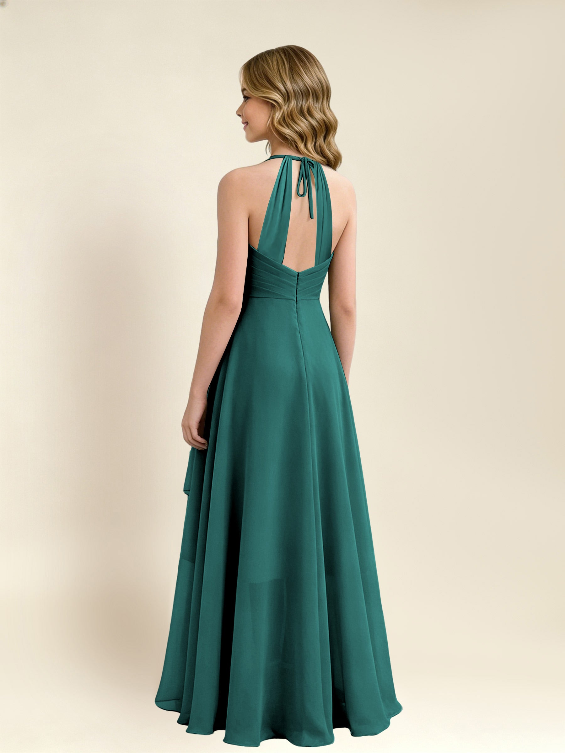 ROVDESY A-Line Halter Pleated Chiffon Junior Bridesmaid Dress