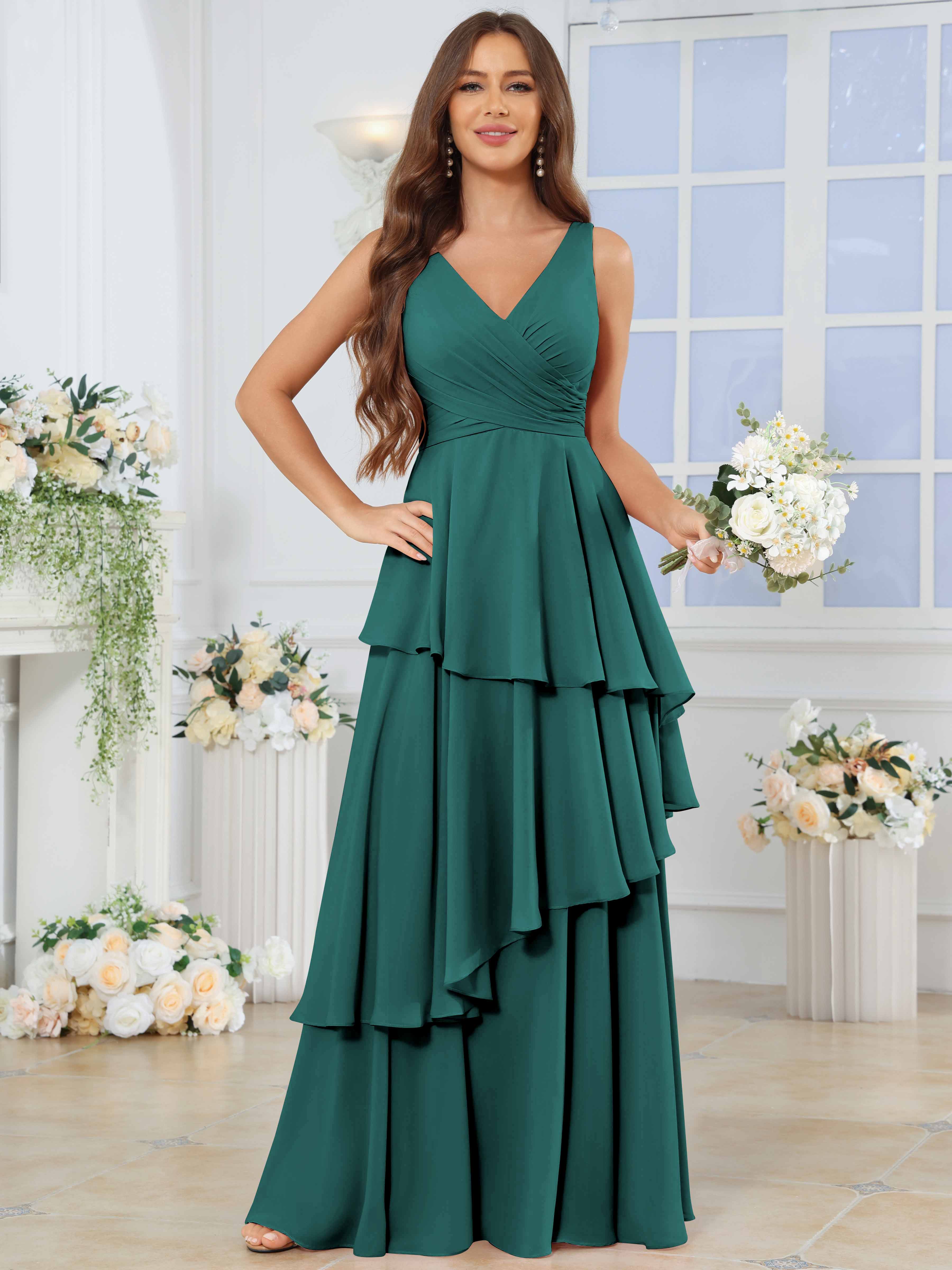 ROVDESY Long Sleeveless V-Neck Tiered Pleated Chiffon Bridesmaid Dress