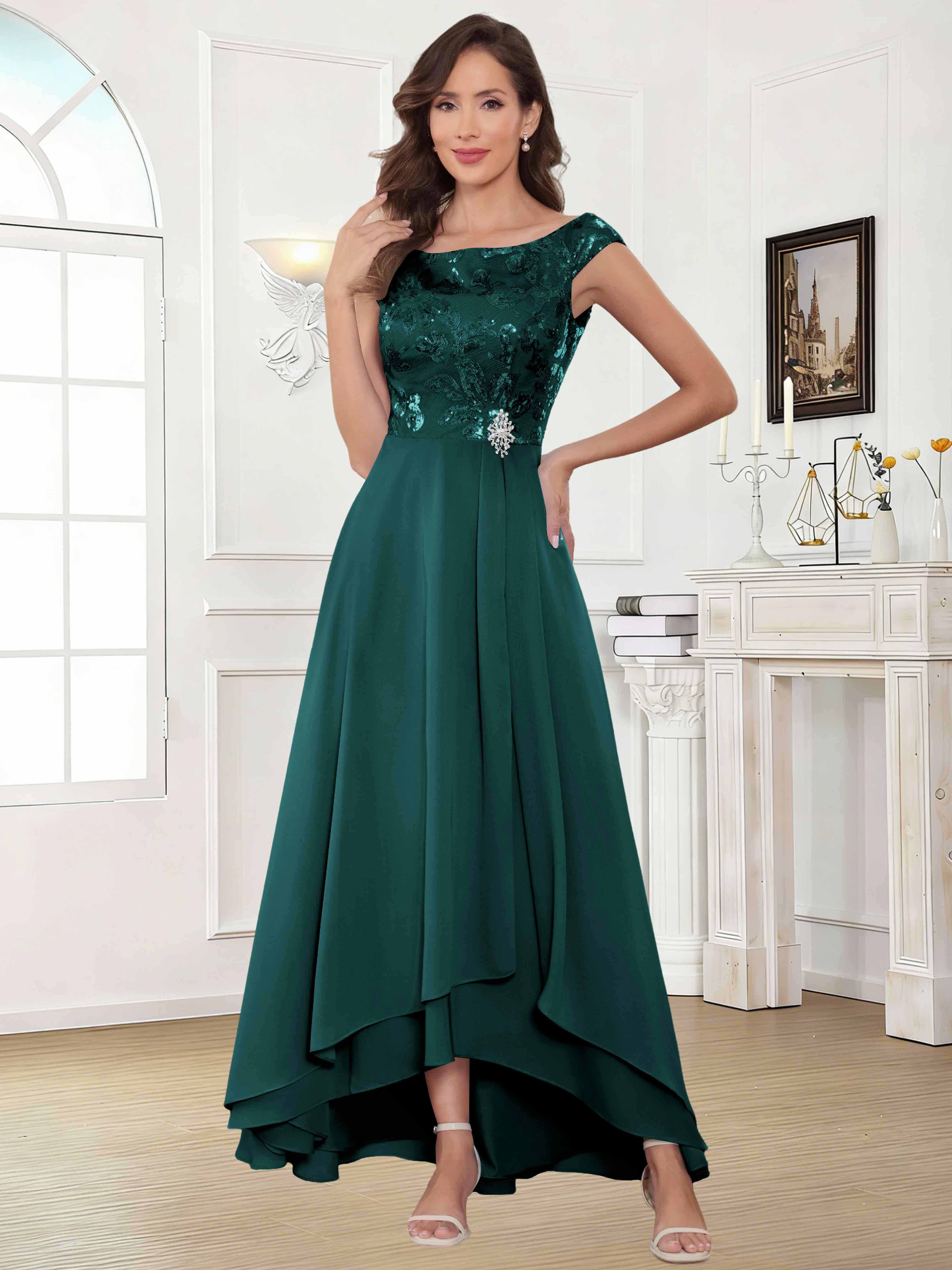 ROVDESY Tea Length Off-The-Shoulder Sequin Chiffon Mother Of The Bride Dress