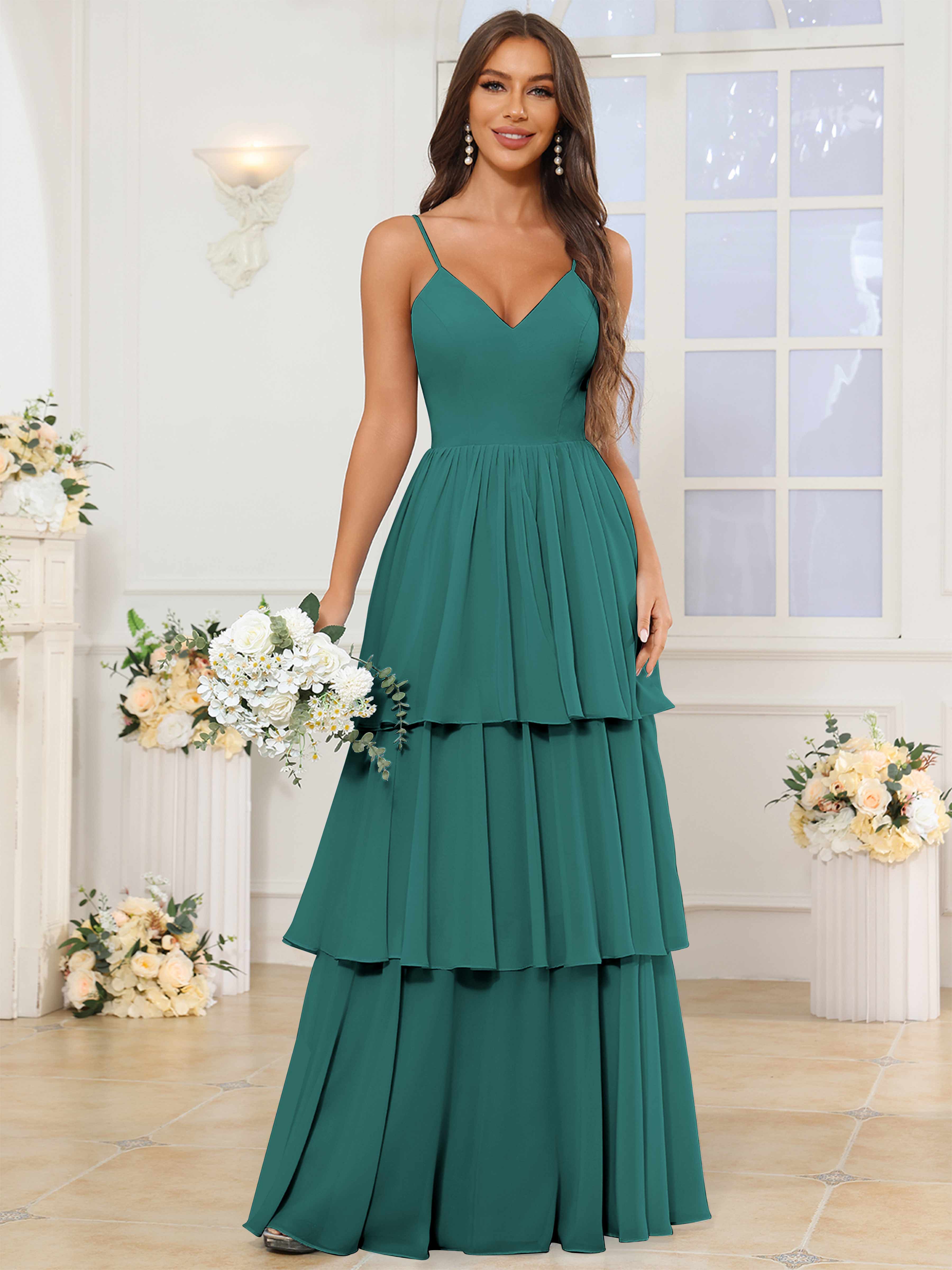 ROVDESY V-Neck Spaghetti Straps Tiered Chiffon Bridesmaid Dress With Ruffles