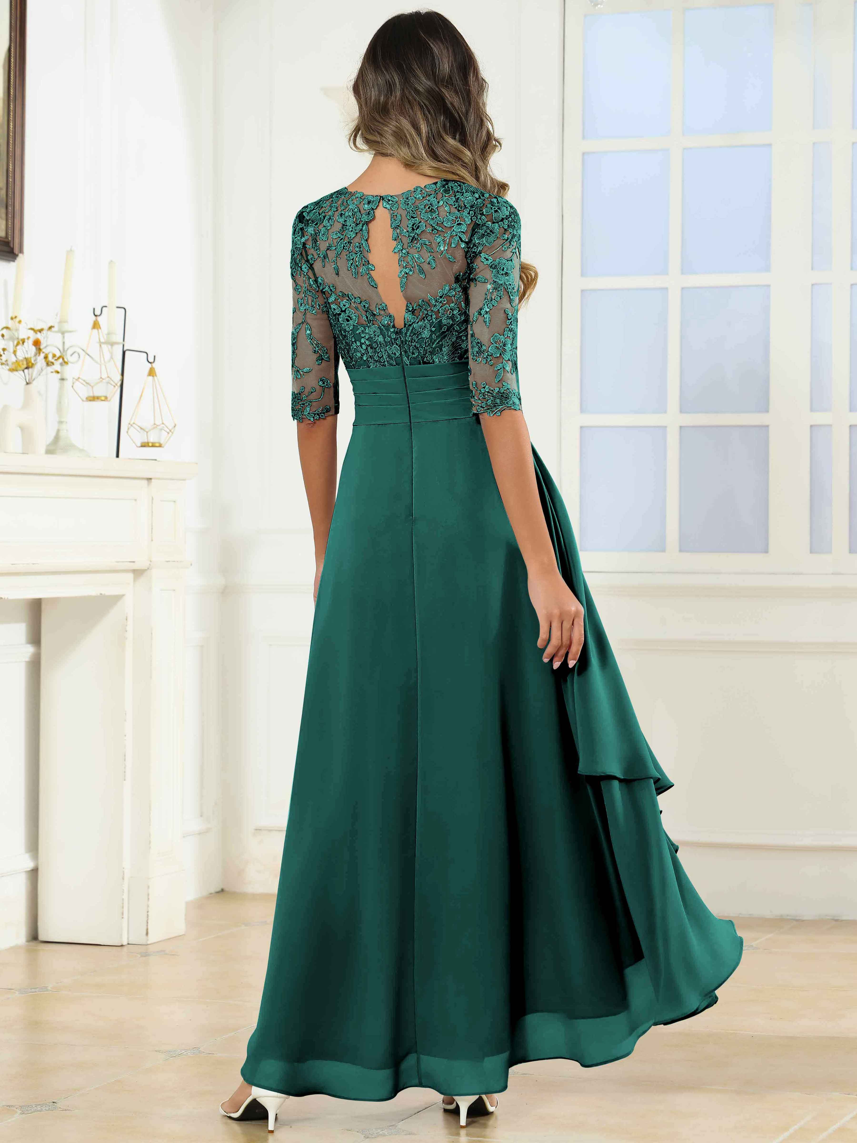 ROVDESY Tea Length A-Line Lace Chiffon Mother Of The Bride Dress With Half Sleeves
