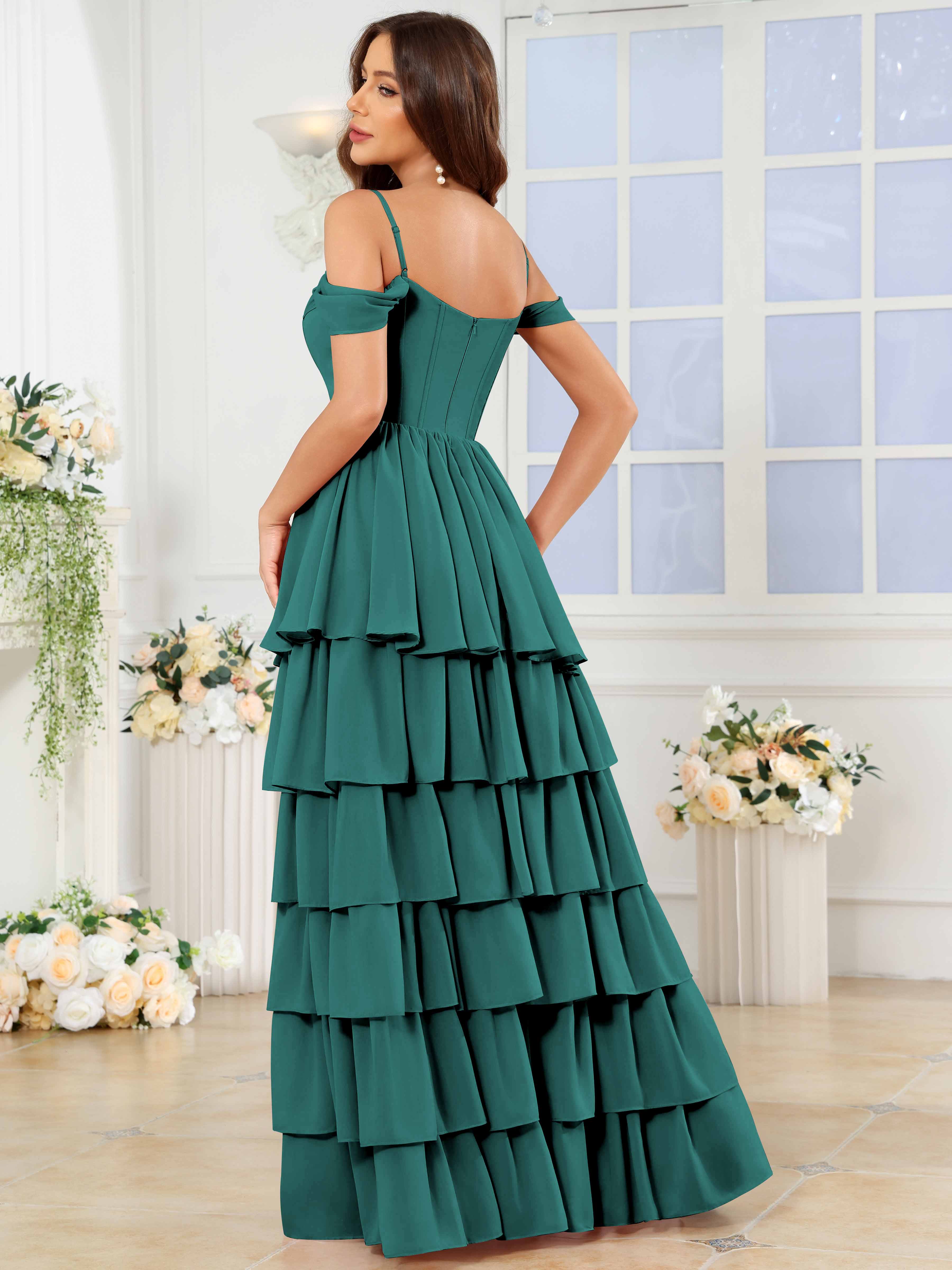 ROVDESY A-Line Off The Shoulder Tiered Chiffon Bridesmaid/Prom Dress With Slit