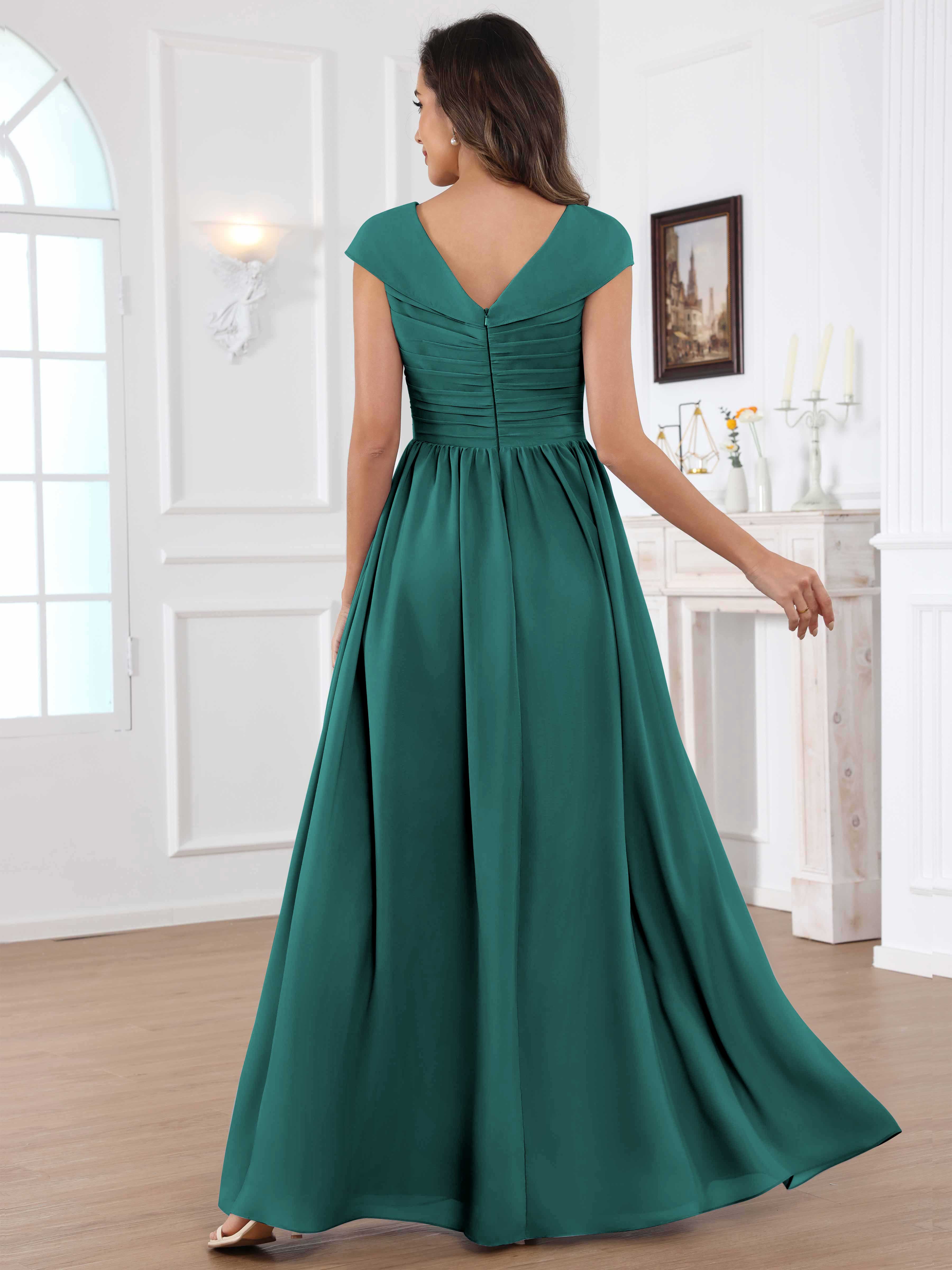 ROVDESY A-Line Cap Sleeves Pleated Chiffon Mother Of The Bride Dress