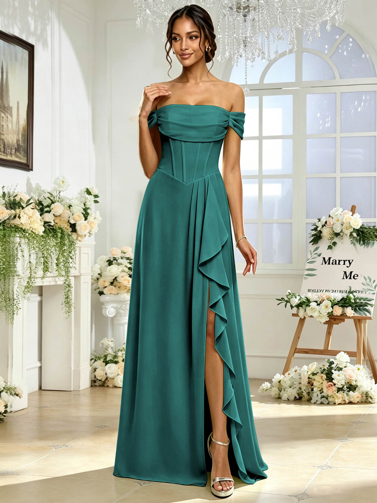 Off the Shoulder Chiffon A Line Long Bridesmaid Dress with Slit