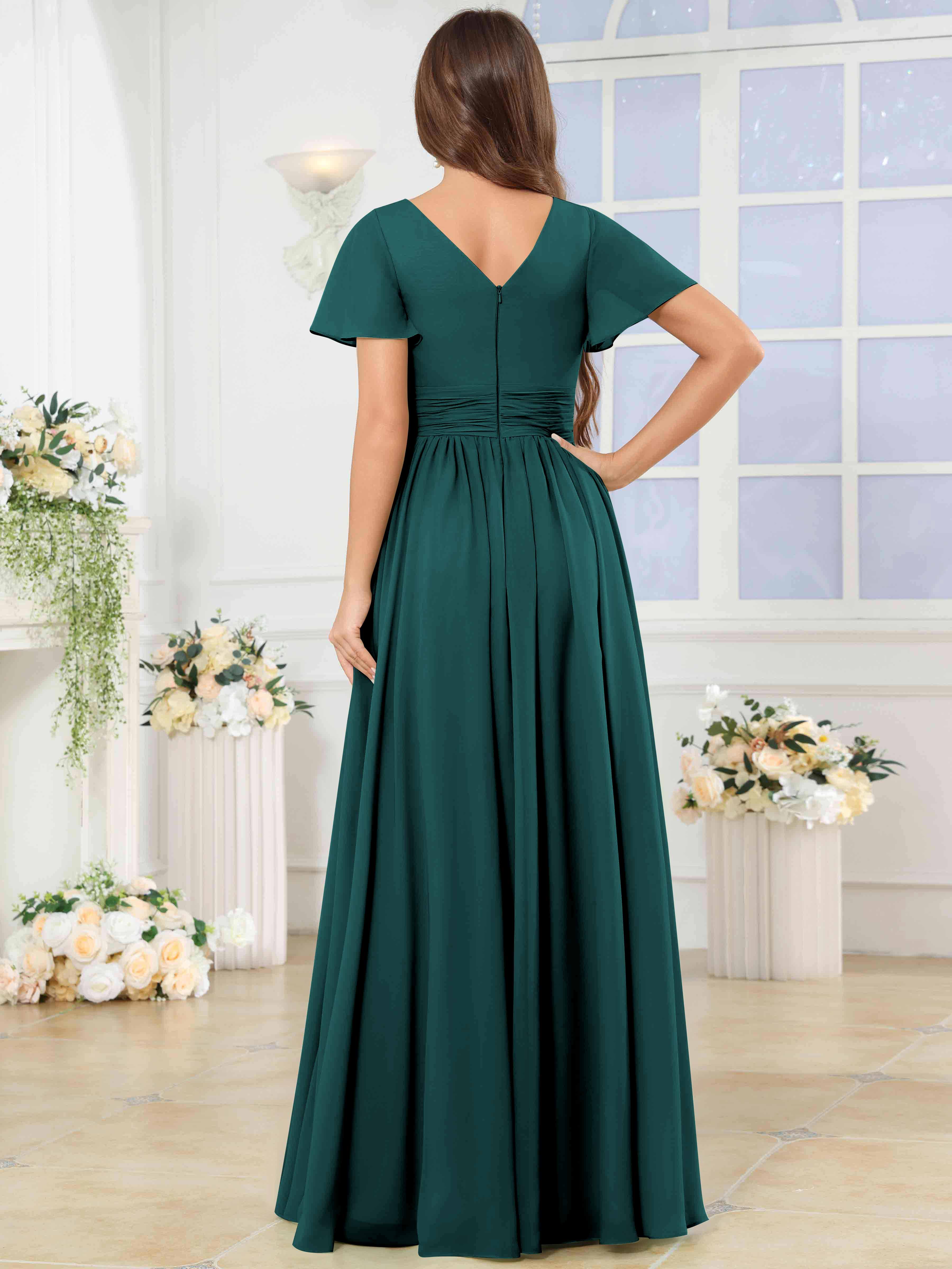 ROVDESY A-Line V-Neck Slit Pleated Ruffle Chiffon Bridesmaid Dress With Short Sleeves
