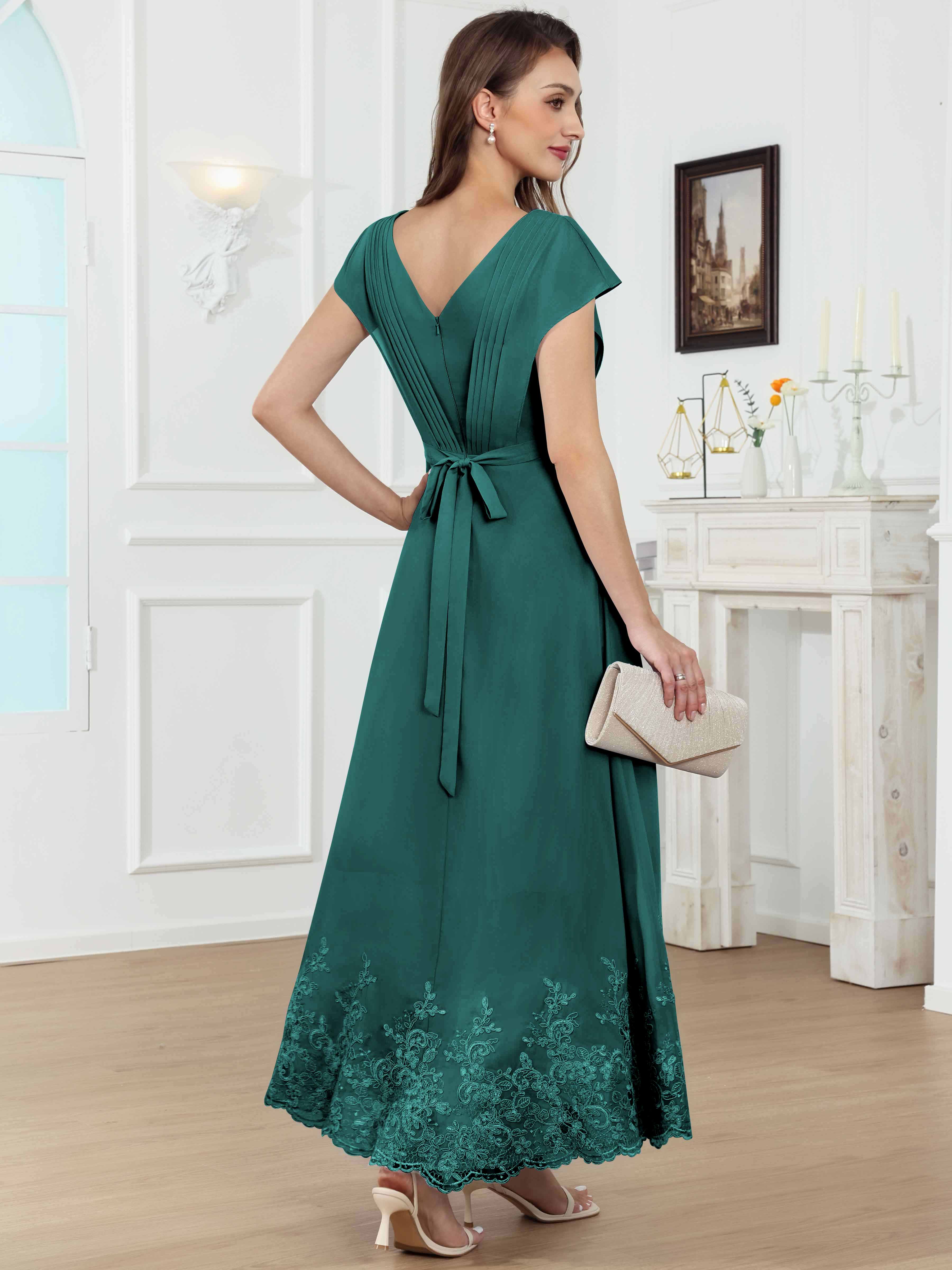 ROVDESY Tea Length High-Low V-Neck Ruched Lace Chiffon Mother of The Bride Dress for Women