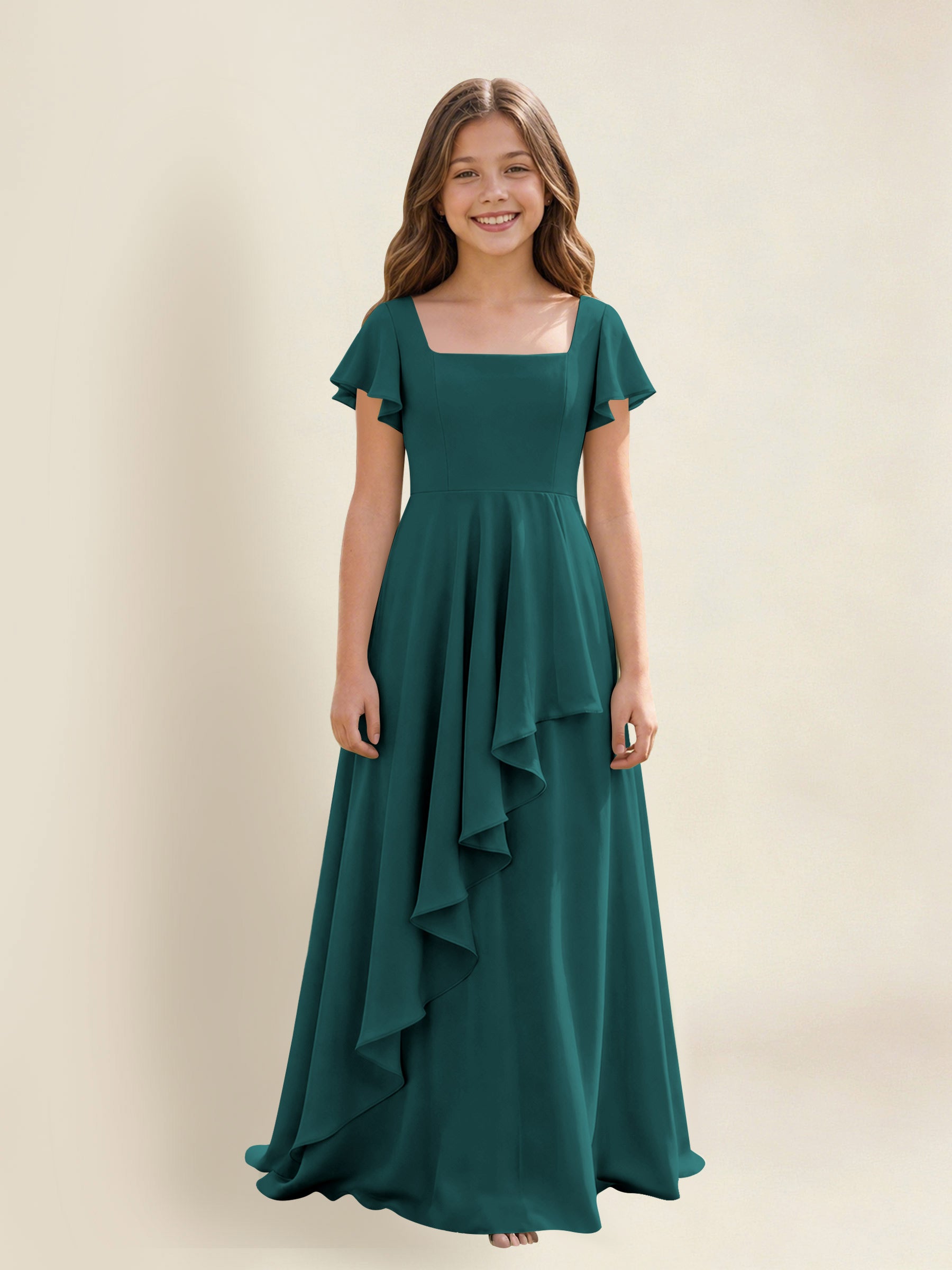 ROVDESY A-Line Square Neck Ruffle Chiffon Junior Bridesmaid Dress With Short Sleeves