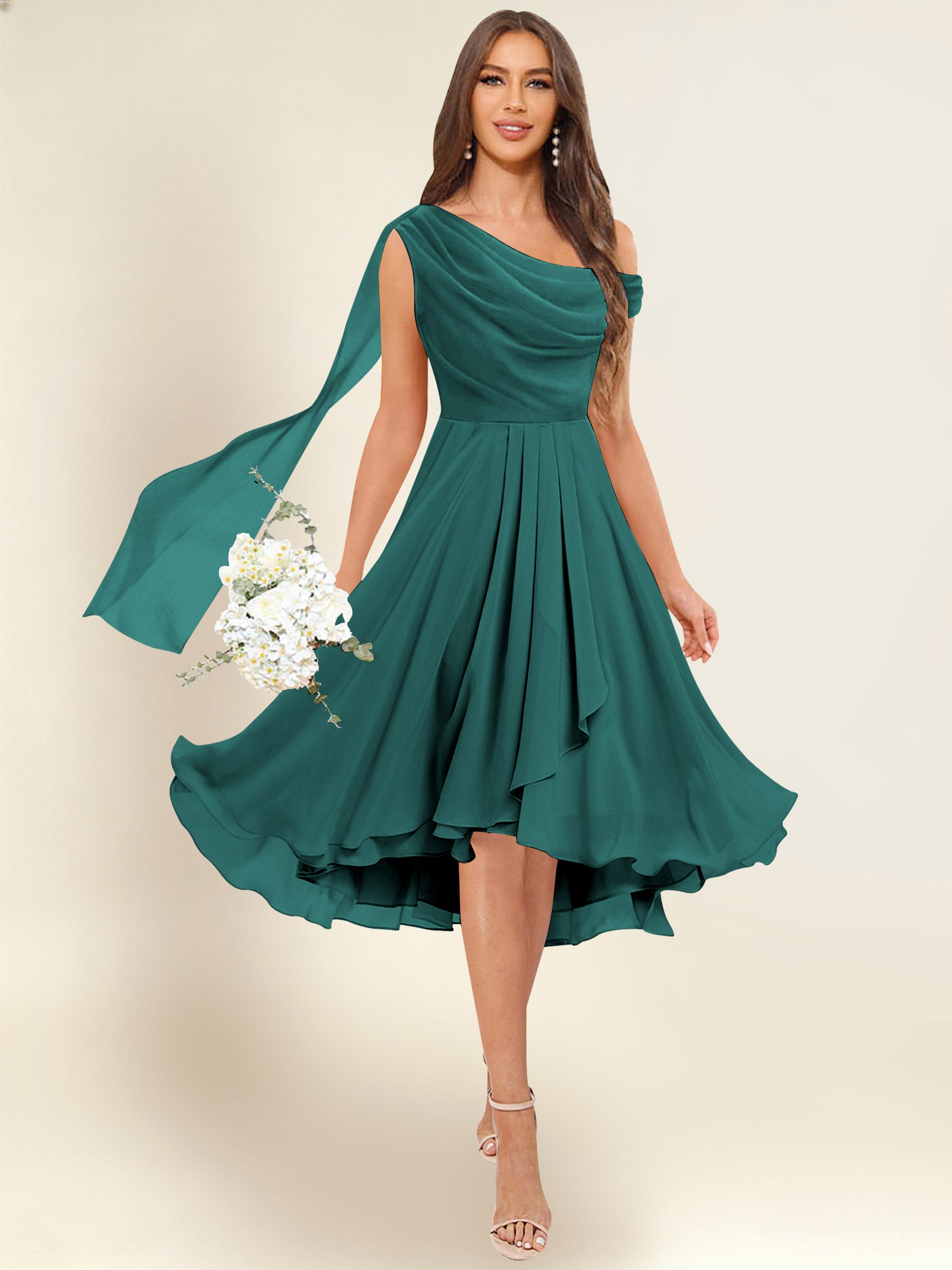 ROVDESY A-Line One Shoulder Pleated Chiffon Bridesmaid Dress With Flowing Sash