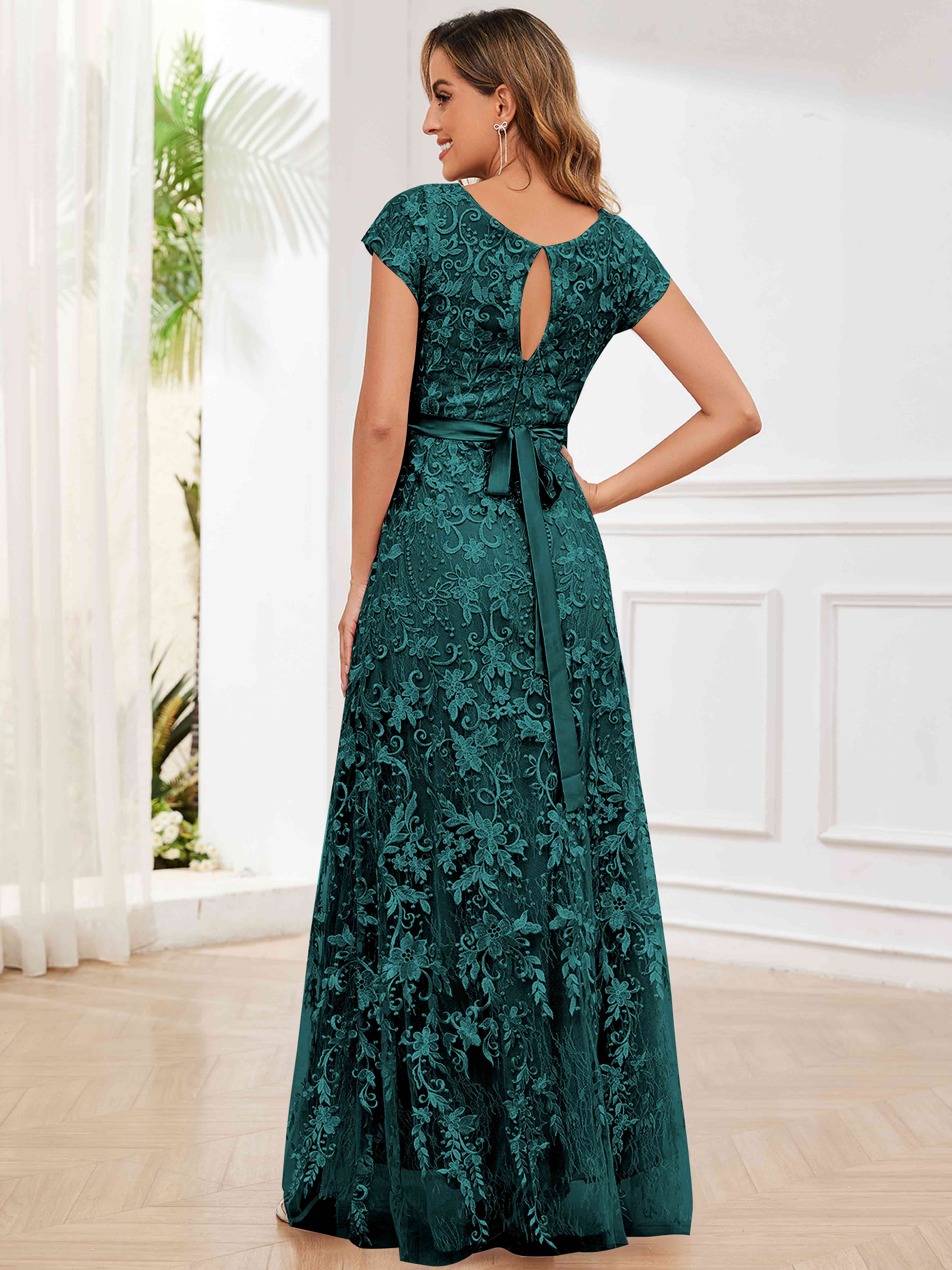 ROVDESY Elegant Lace Mother Of The Bride Dress With Short Sleeves Formal Gown