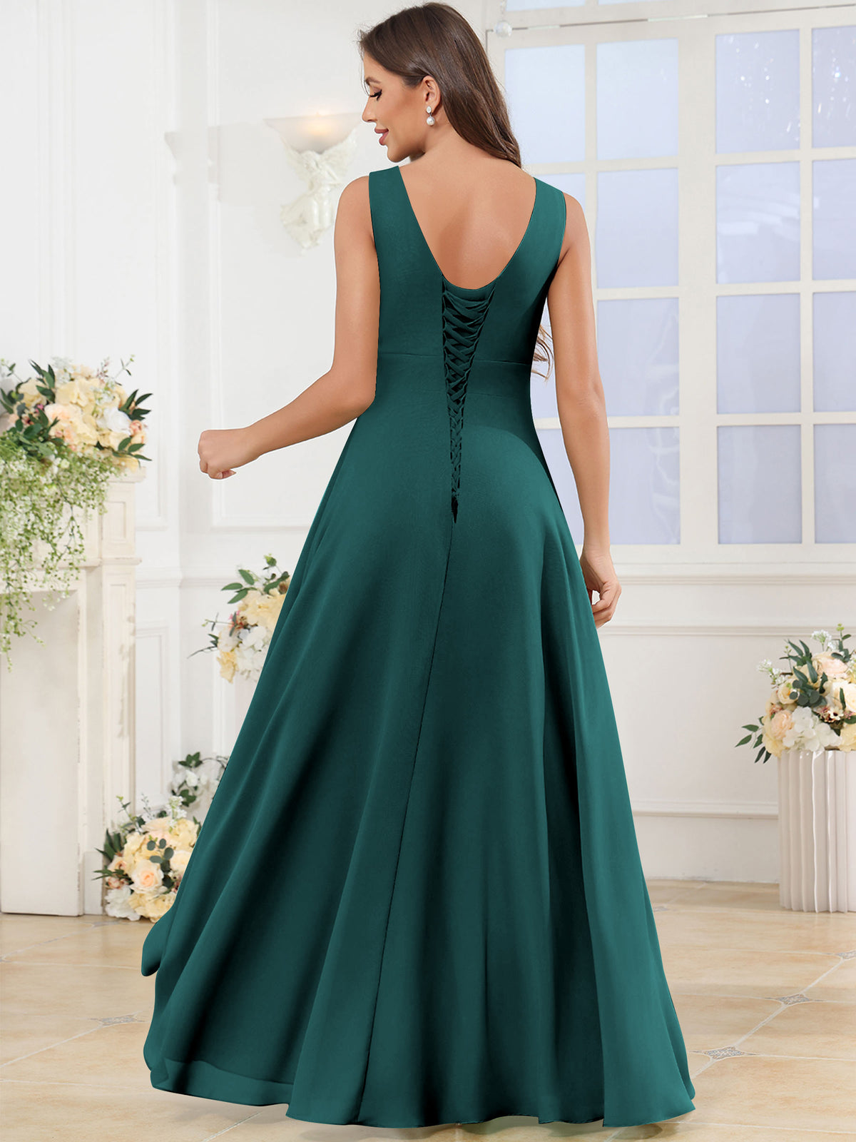 V Neck Chiffon A Line Ruffle Bridesmaid Dress with Slit