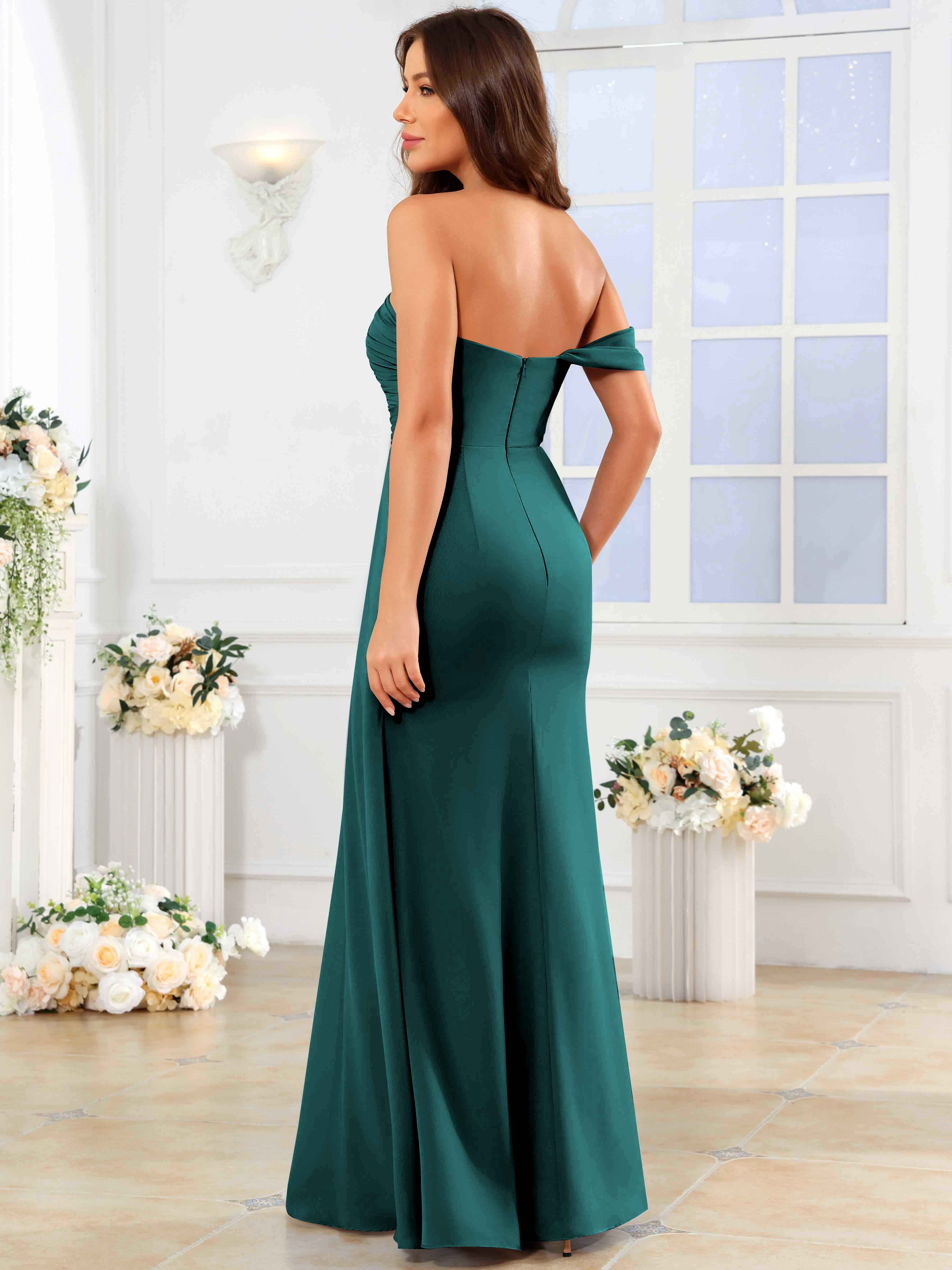 ROVDESY One Shoulder Off The Shoulder Pleated Chiffon Bridesmaid Dress
