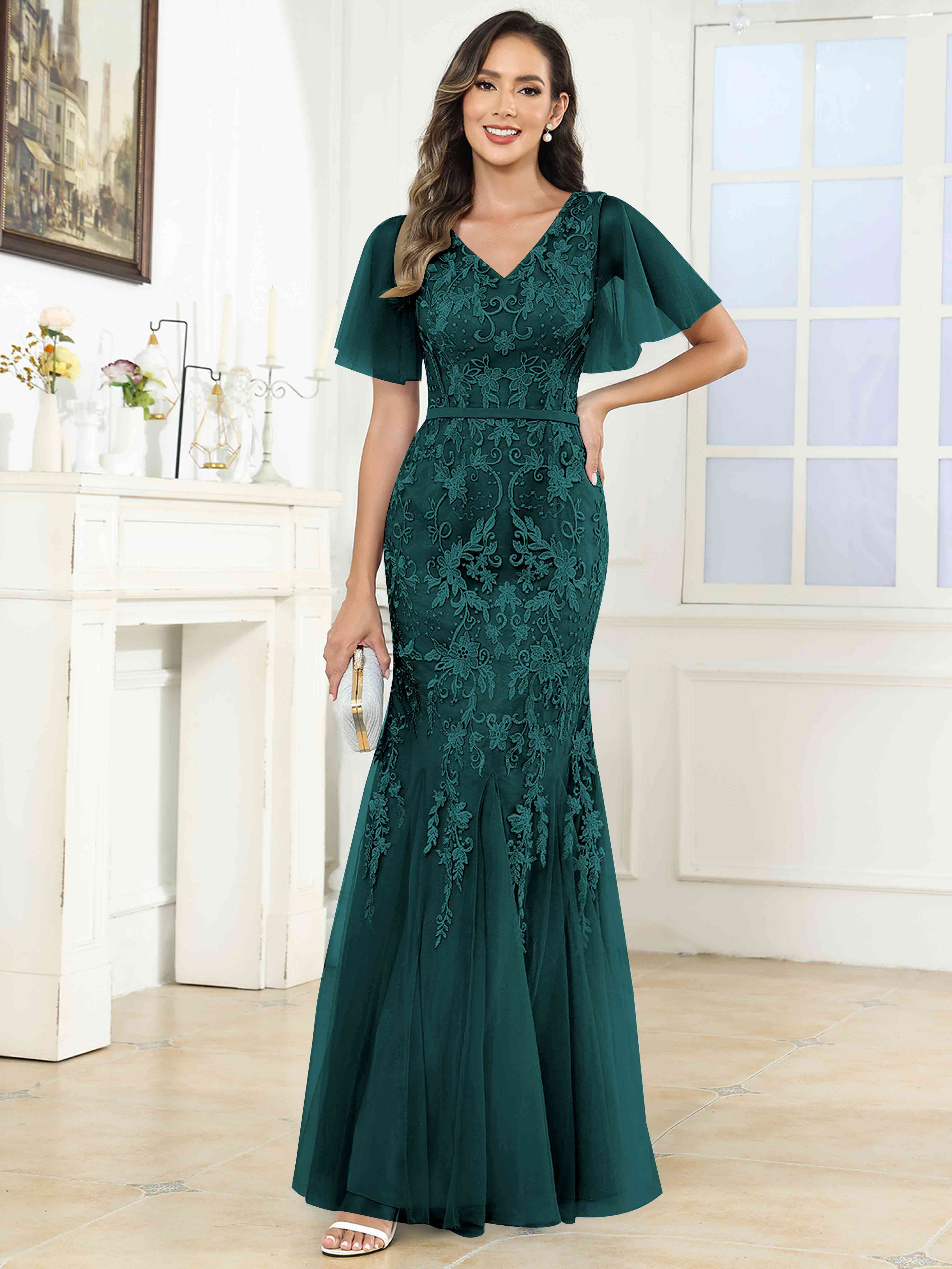 ROVDESY Elegant V-Neck Lace Mermaid Long Mother Of The Bride Dress Formal Gown With Sleeves