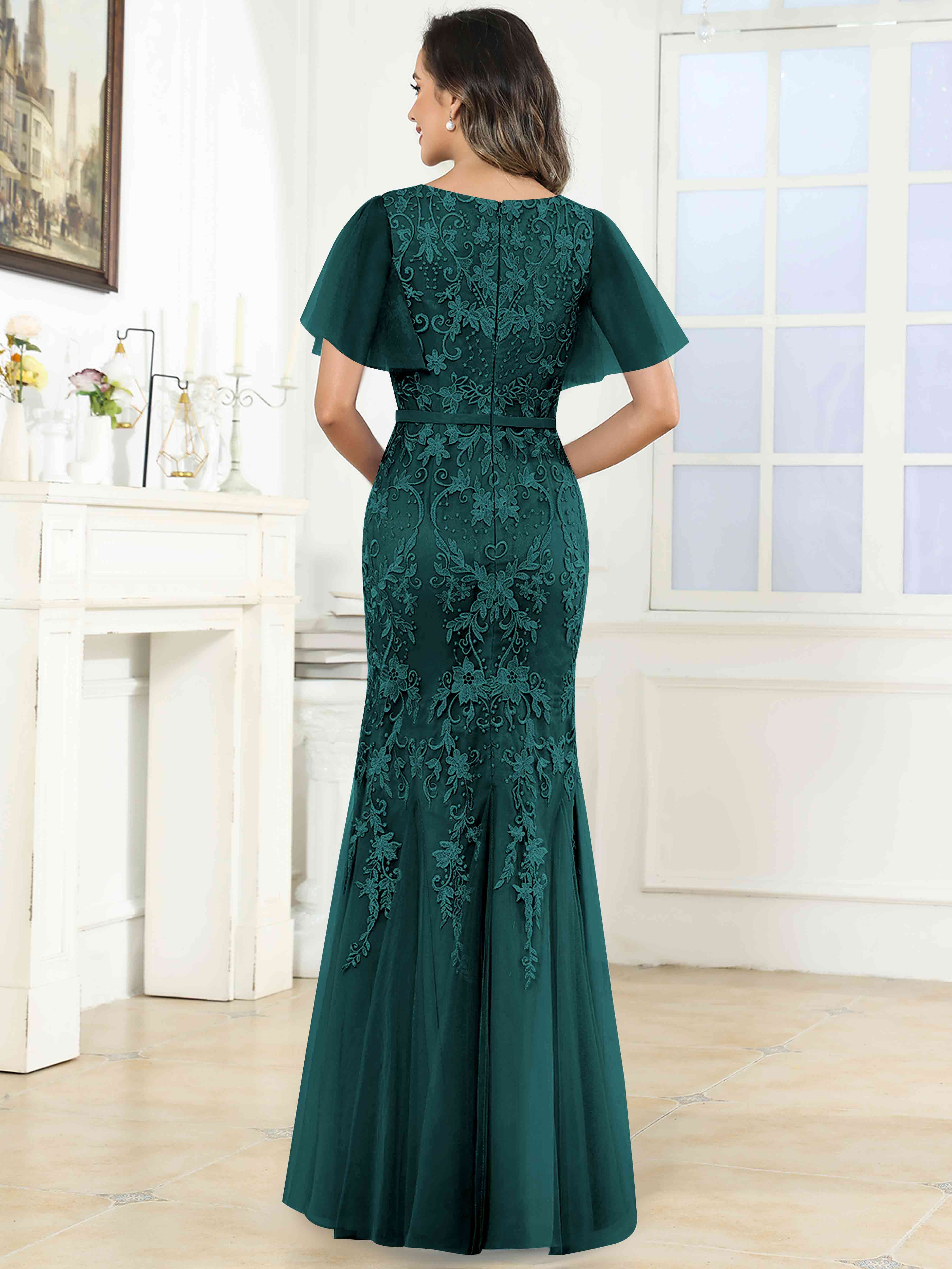 ROVDESY Elegant V-Neck Lace Mermaid Long Mother Of The Bride Dress Formal Gown With Sleeves