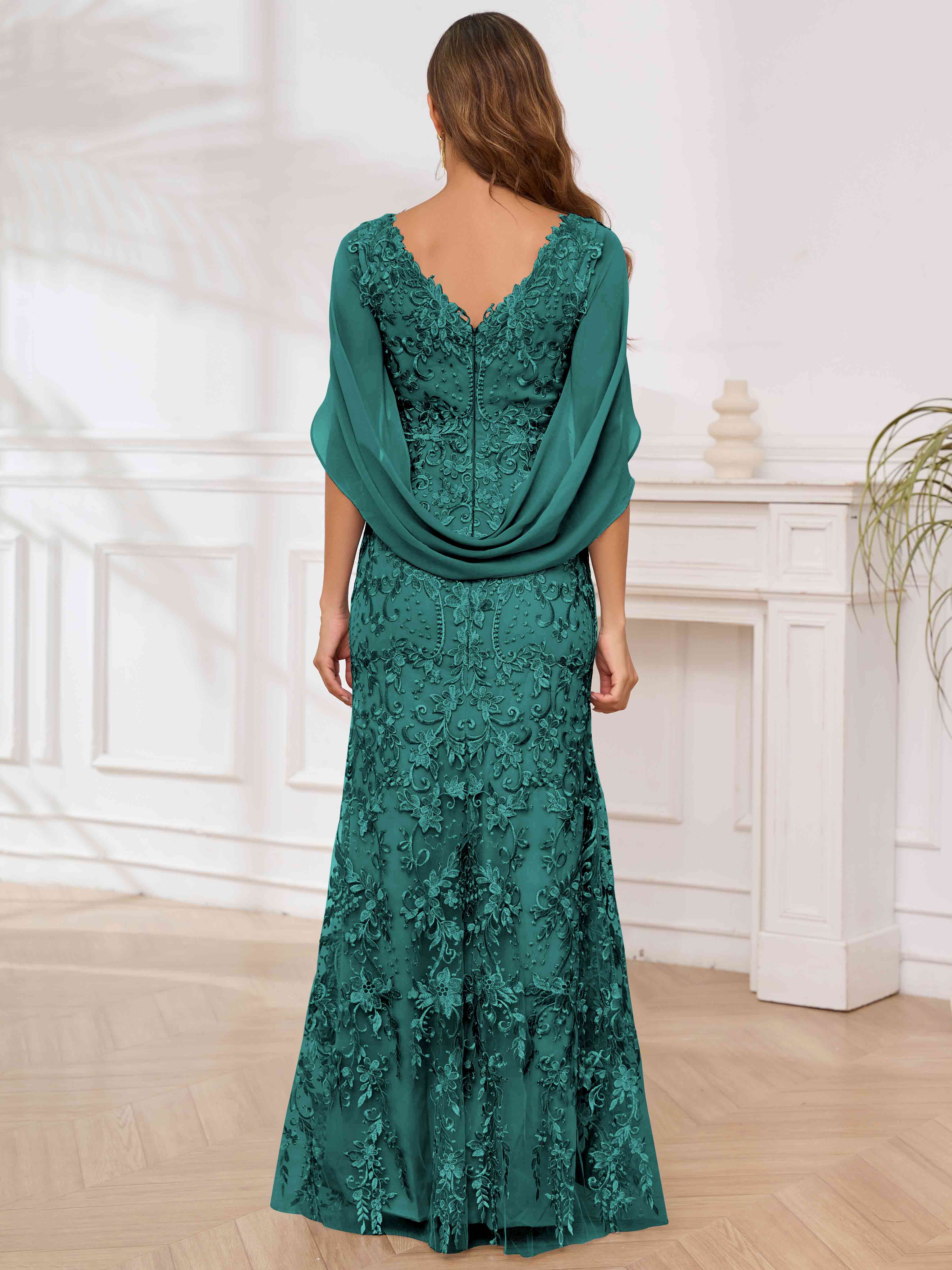 ROVDESY V-Neck Lace Mermaid Mother Of The Bride Dress With Cape Sleeves Long Formal Gown