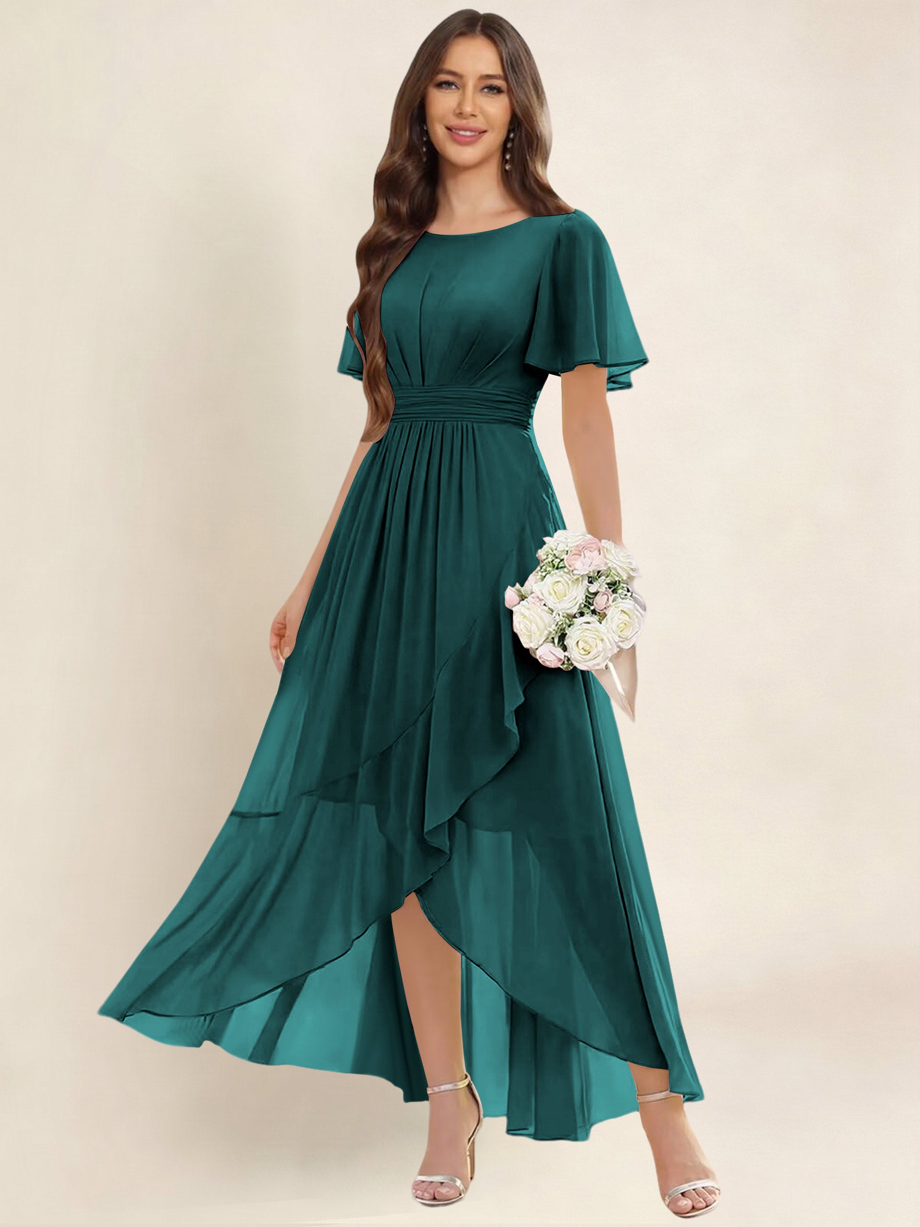 ROVDESY A-Line High Low Round Neck Pleated Ruffle Chiffon Bridesmaid Dress With Short Sleeves