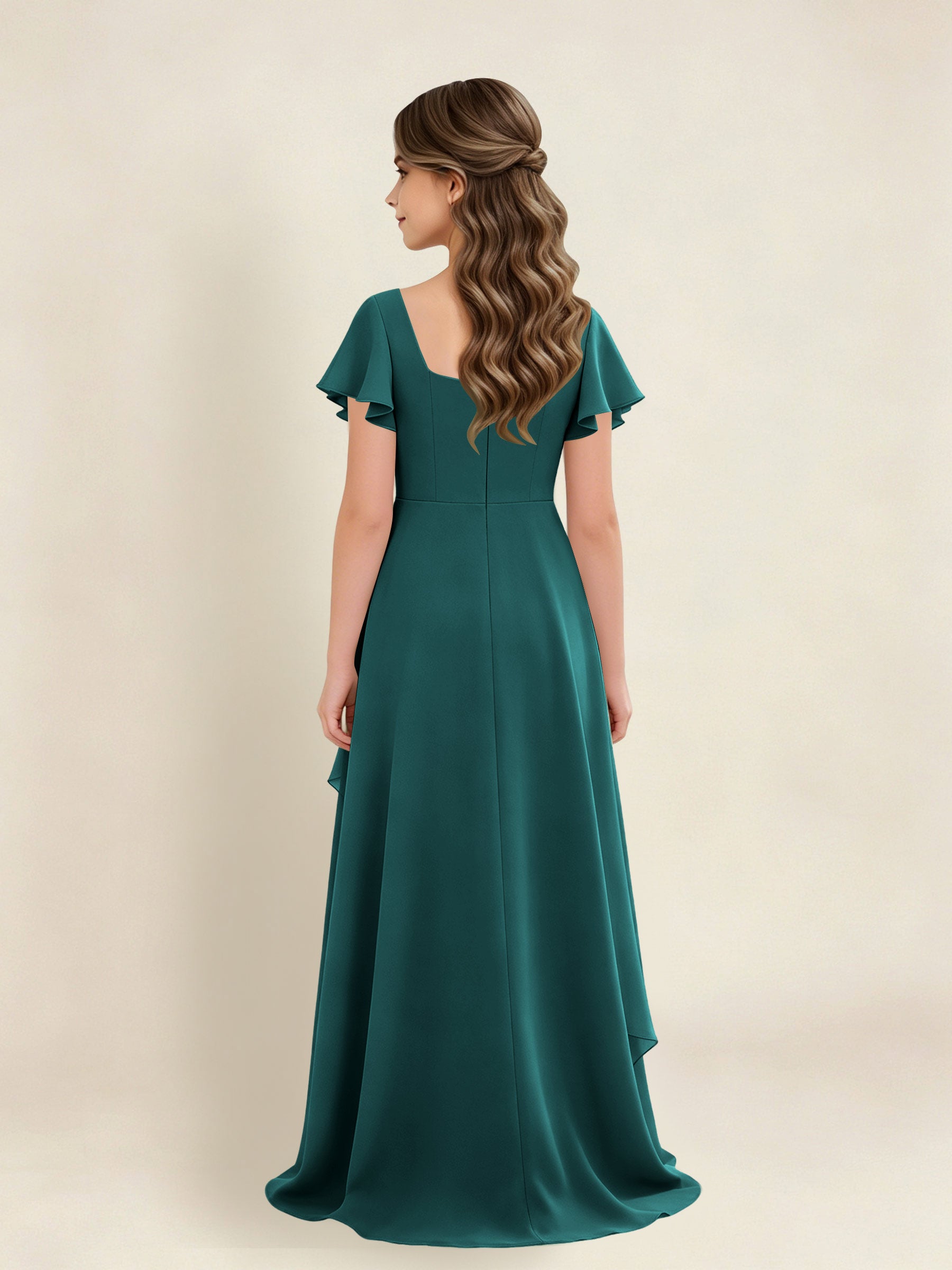 ROVDESY A-Line Square Neck Ruffle Chiffon Junior Bridesmaid Dress With Short Sleeves