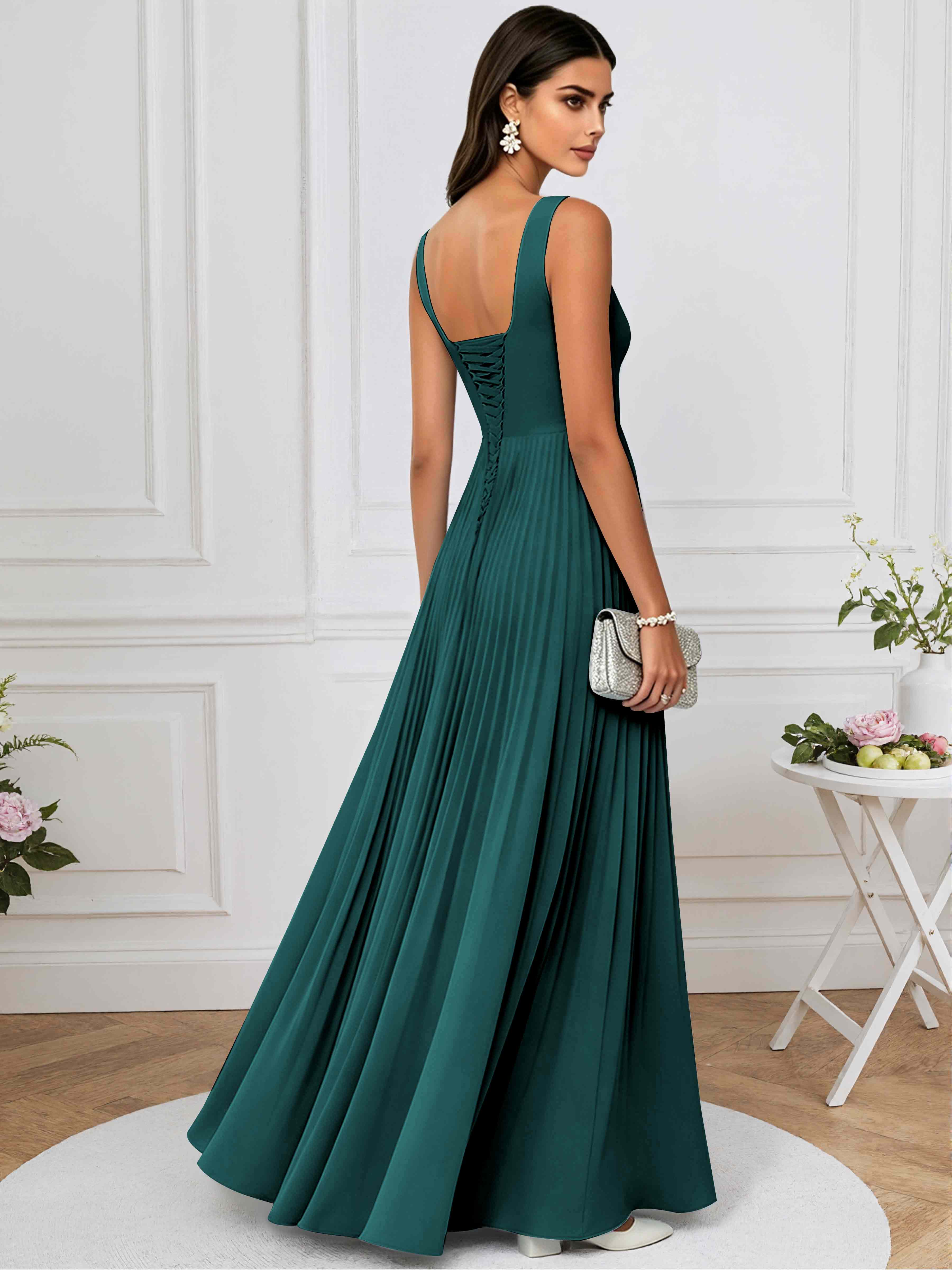 ROVDESY A-Line Square Neck Pleated Chiffon Long Bridesmaid/Prom Dress