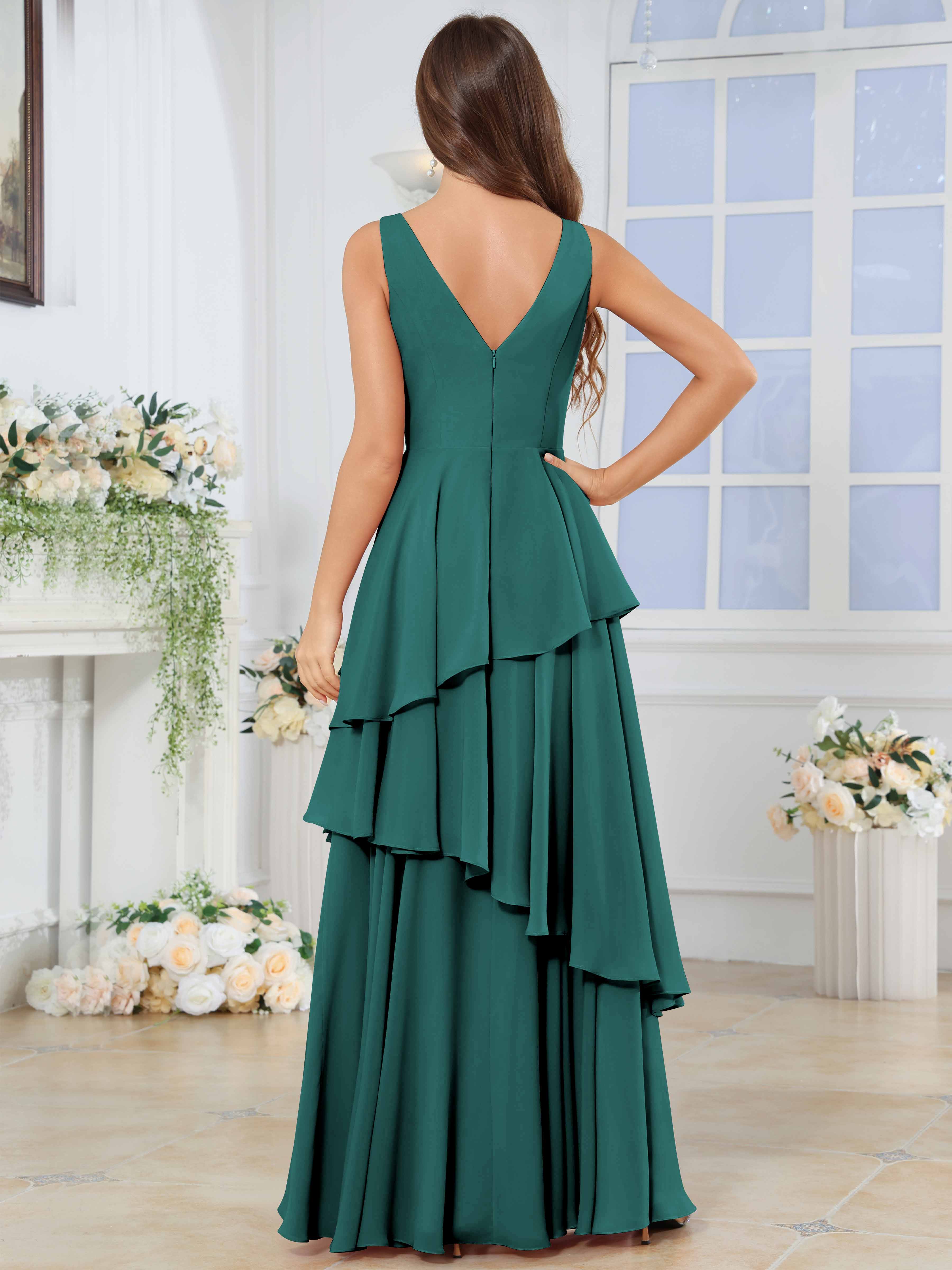 ROVDESY Long Sleeveless V-Neck Tiered Pleated Chiffon Bridesmaid Dress
