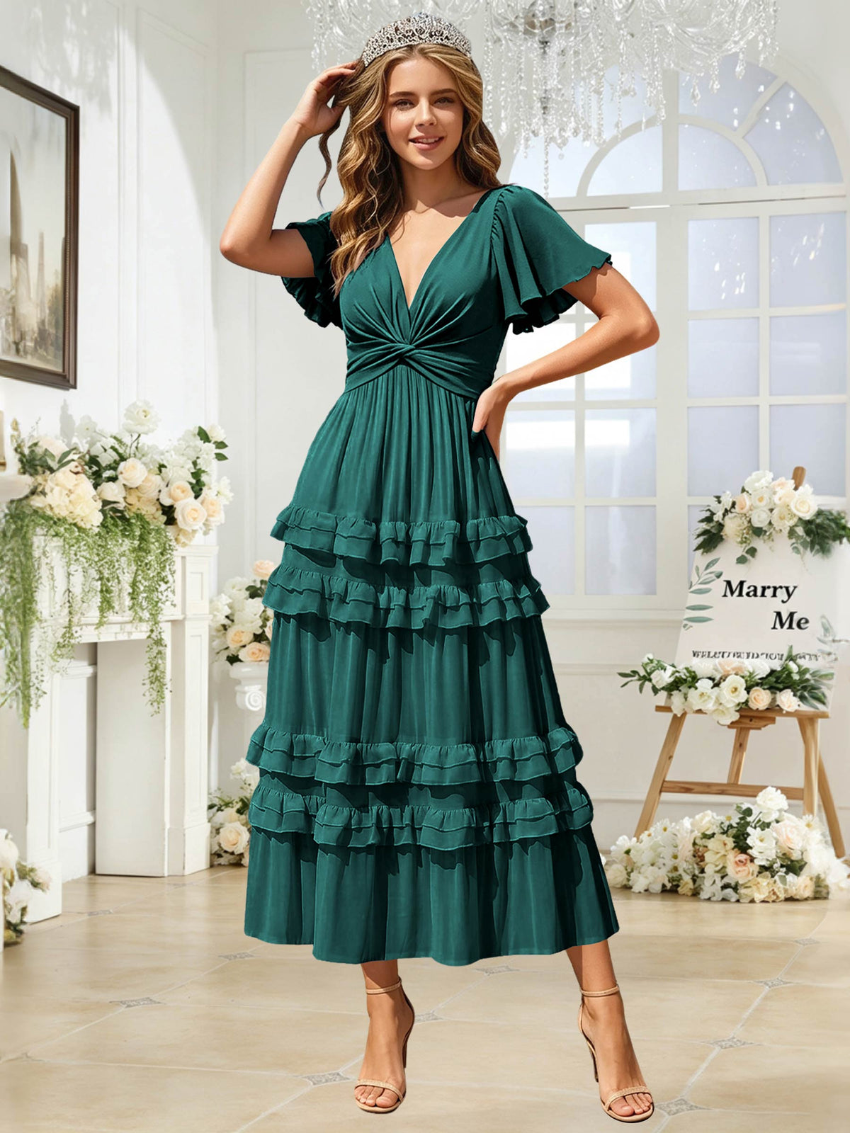 A Line Chiffon Pleated Bridesmaid Dress with Sleeves
