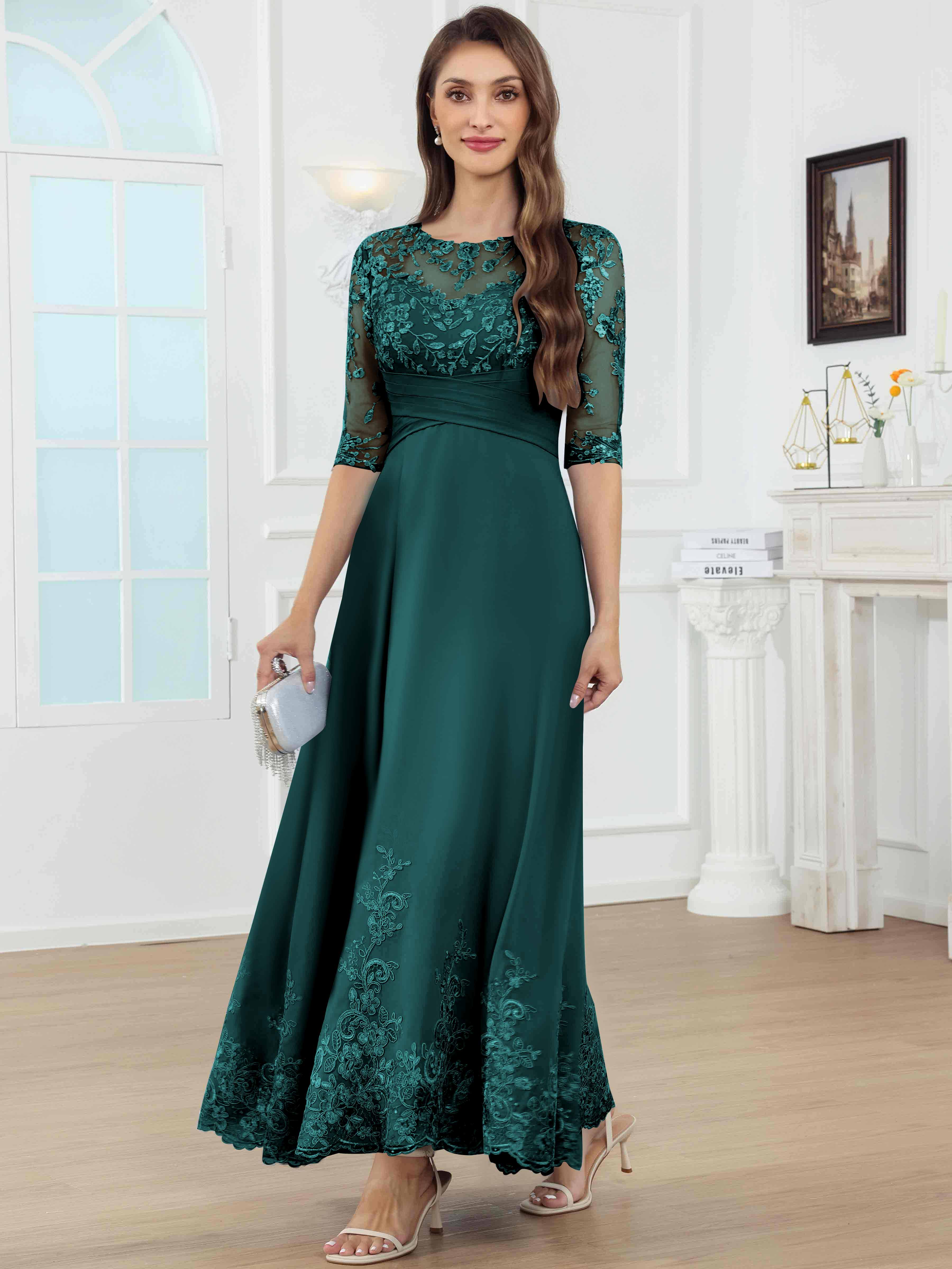 ROVDESY A-Line Lace Sequin Pleated Chiffon Mother Of The Bride Dress With Half Sleeves