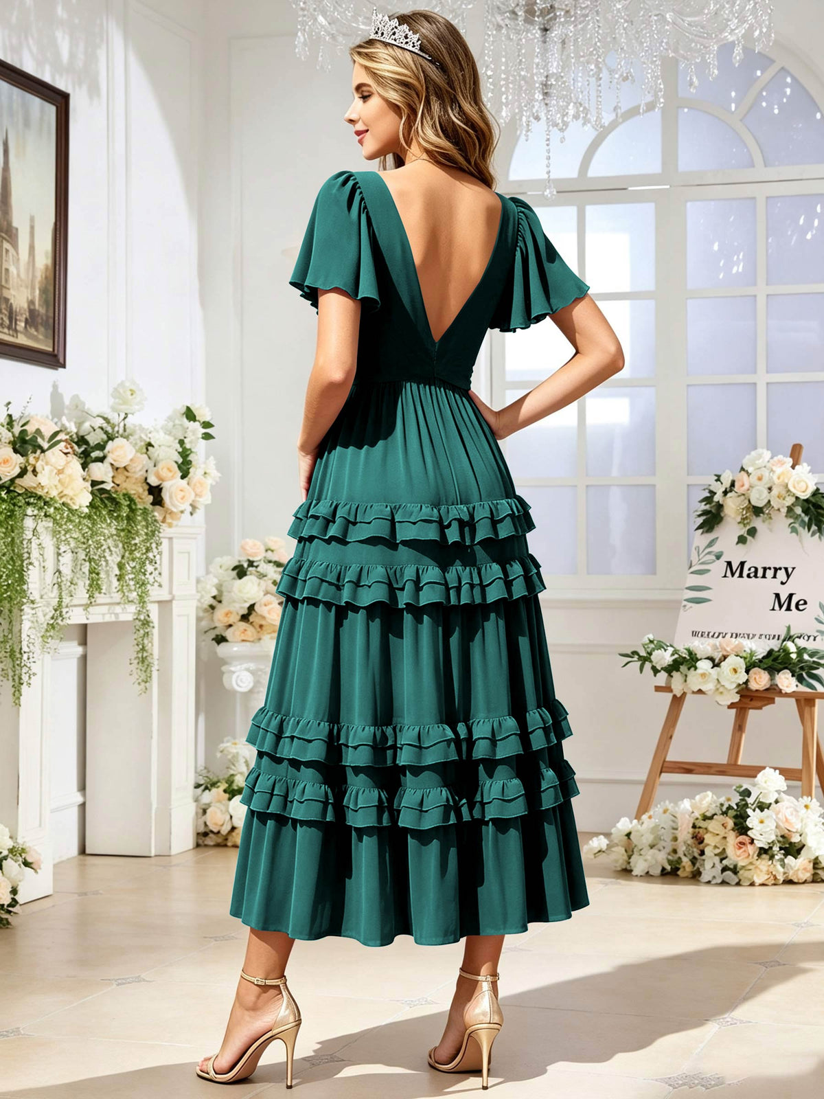 A Line Chiffon Pleated Bridesmaid Dress with Sleeves