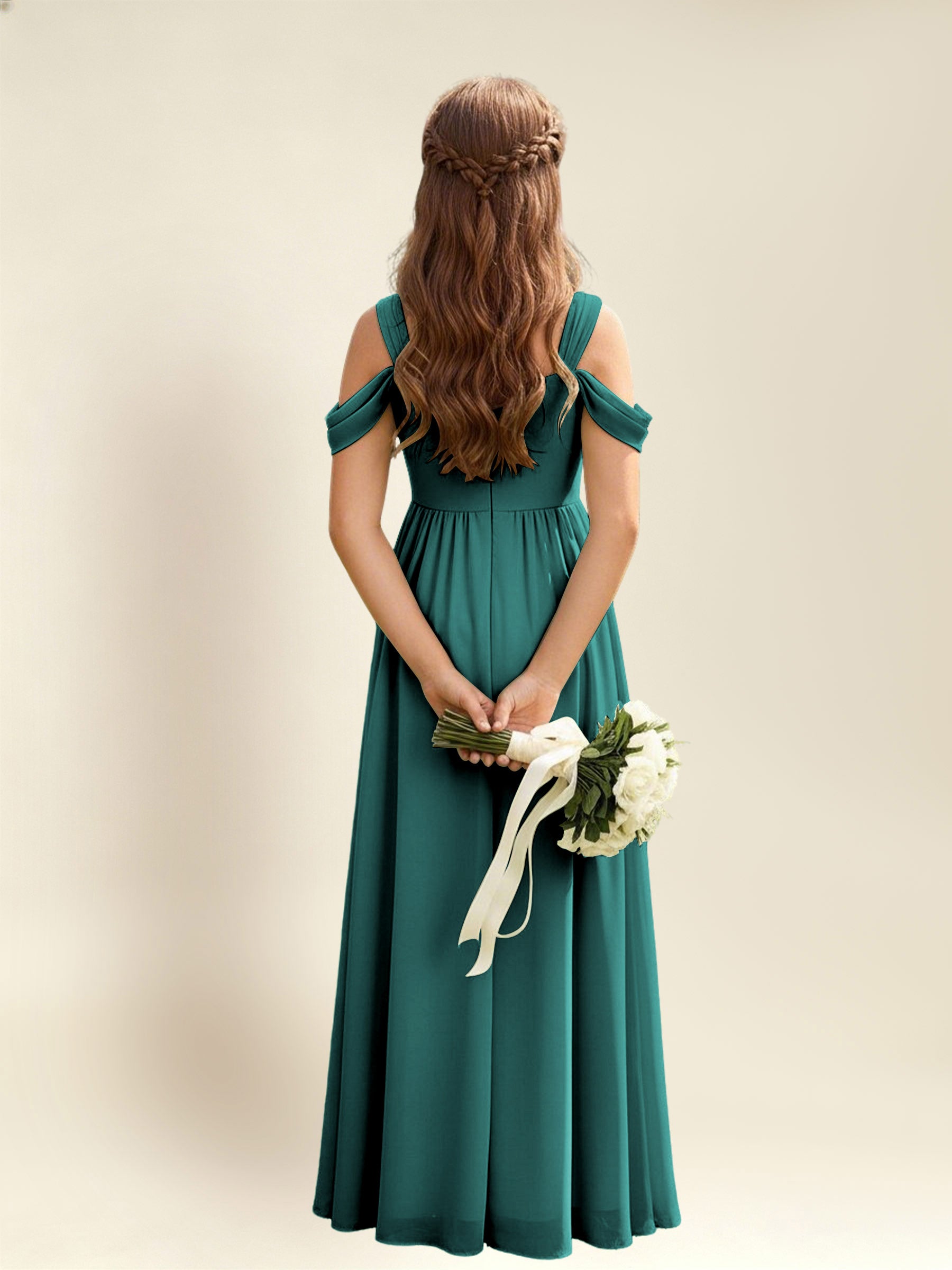 ROVDESY A-Line Off The Shoulder Pleated Chiffon Junior Bridesmaid Dress