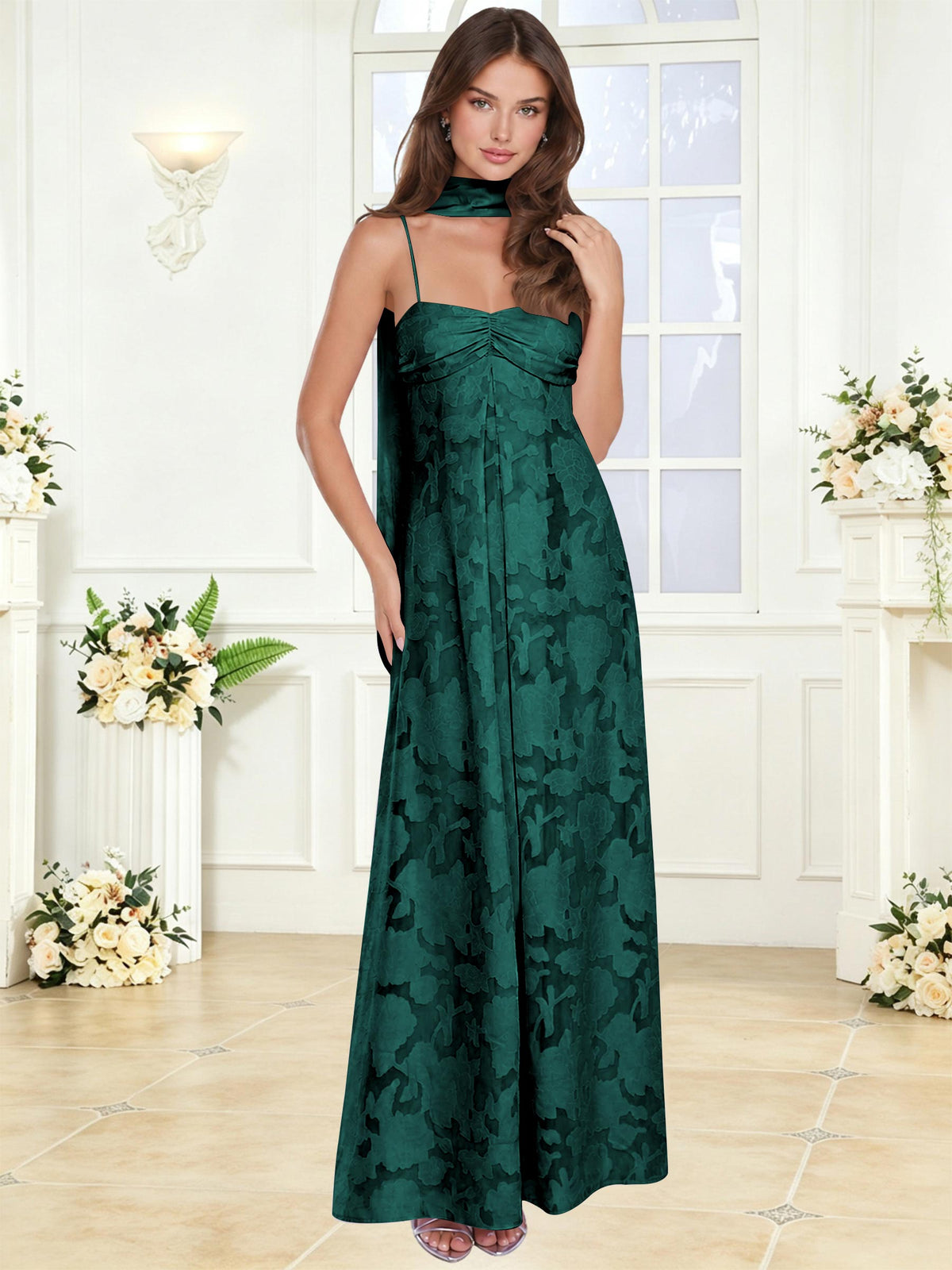 Spaghetti Strap Ruched Floral Jacquard A Line Bridesmaid Dress with Scarf