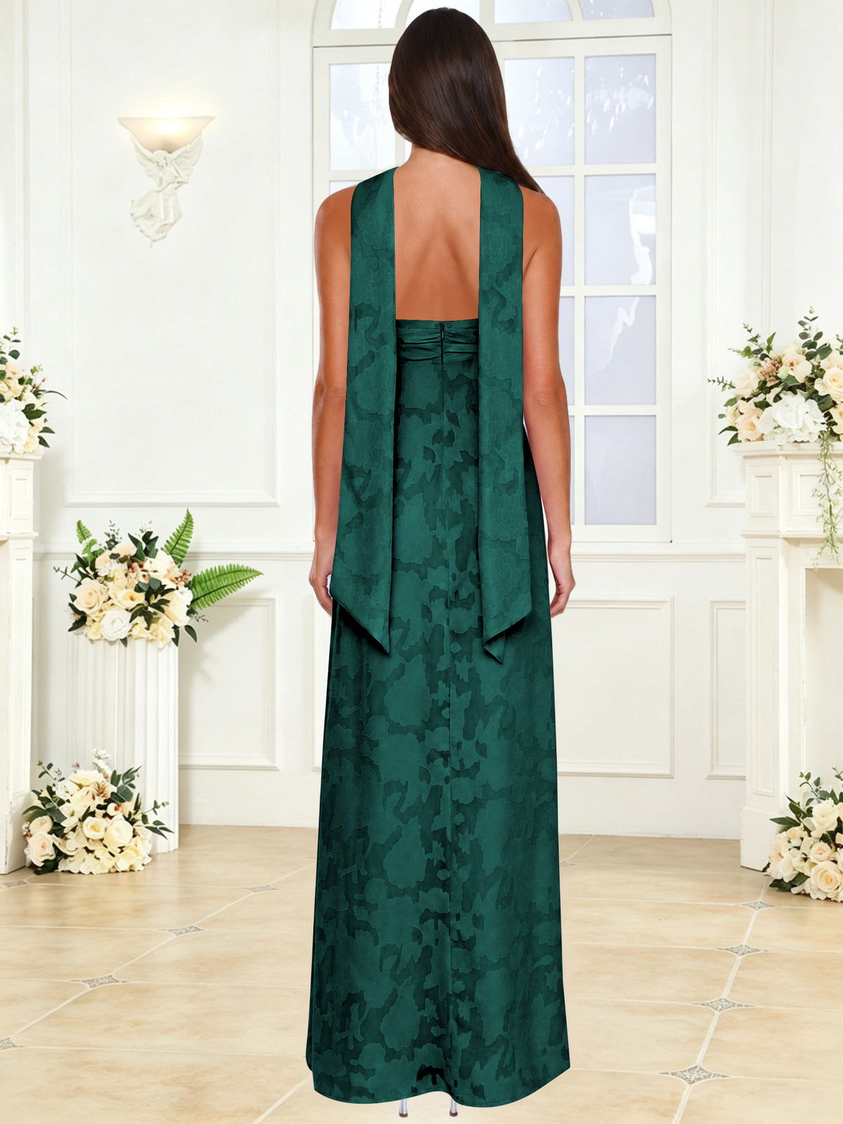 Spaghetti Strap Ruched Floral Jacquard A Line Bridesmaid Dress with Scarf