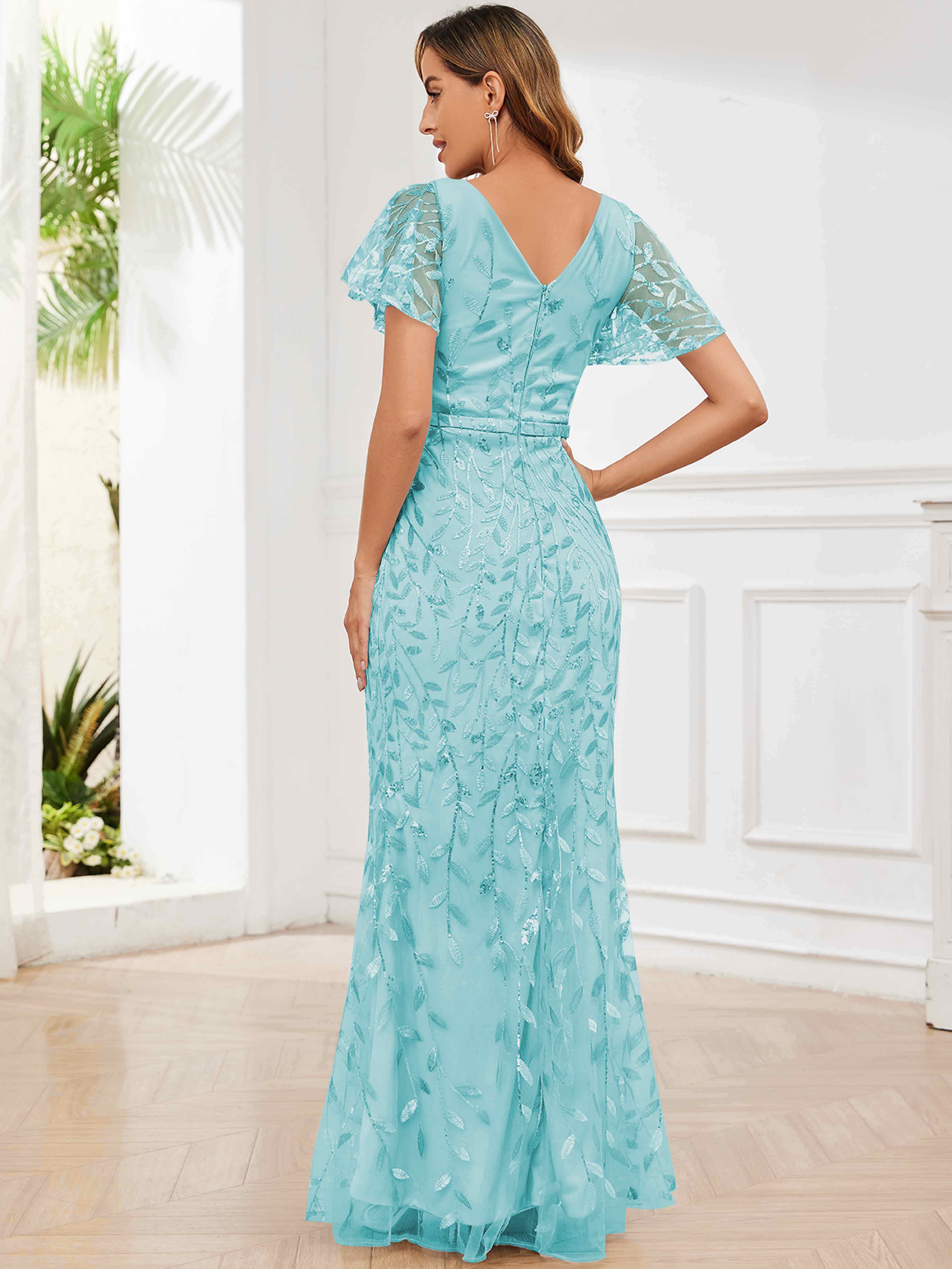 ROVDESY V-Neck Mermaid Sequin Mother Of The Bride Dress With Short Sleeves