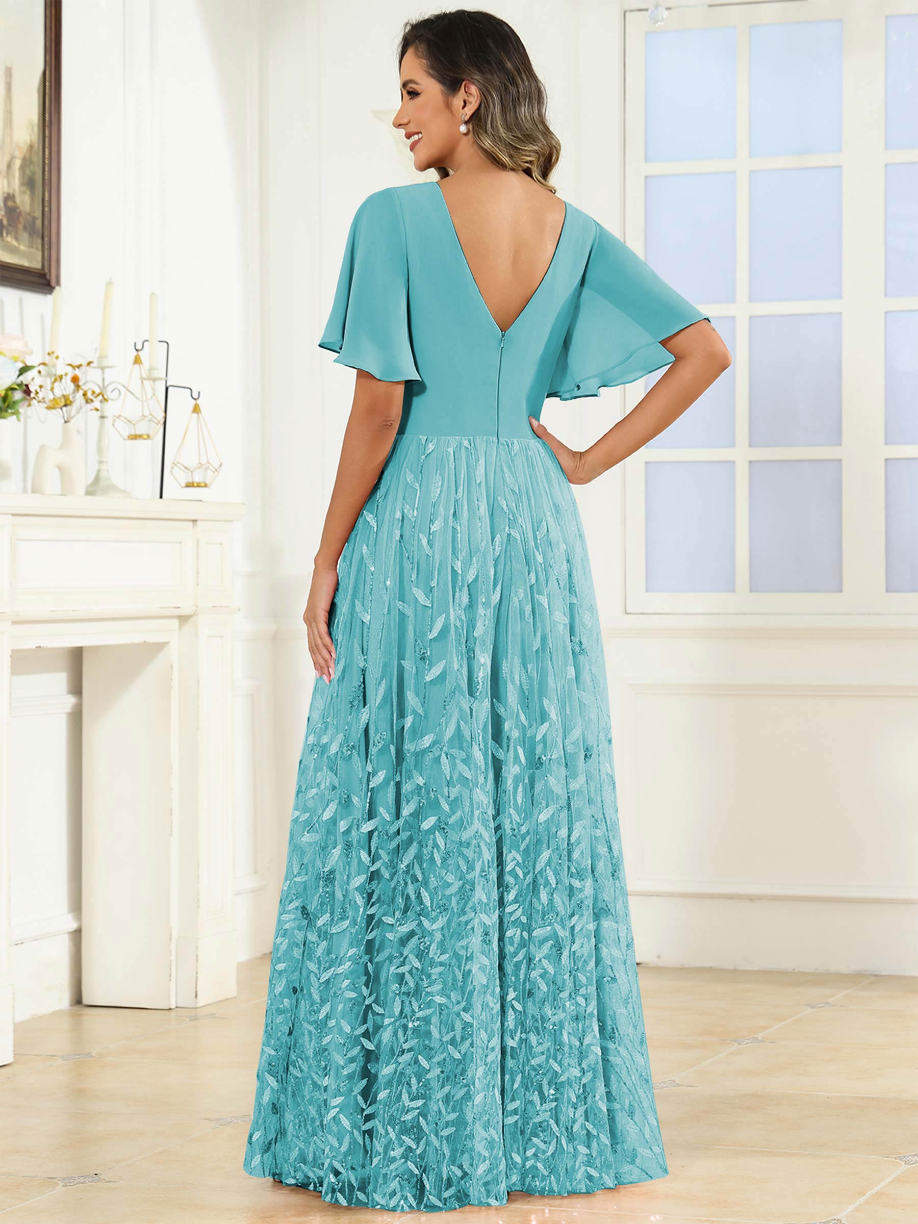 ROVDESY A-Line V-Neck Chiffon Sequin Mother Of The Bride Dress With Short Sleeves