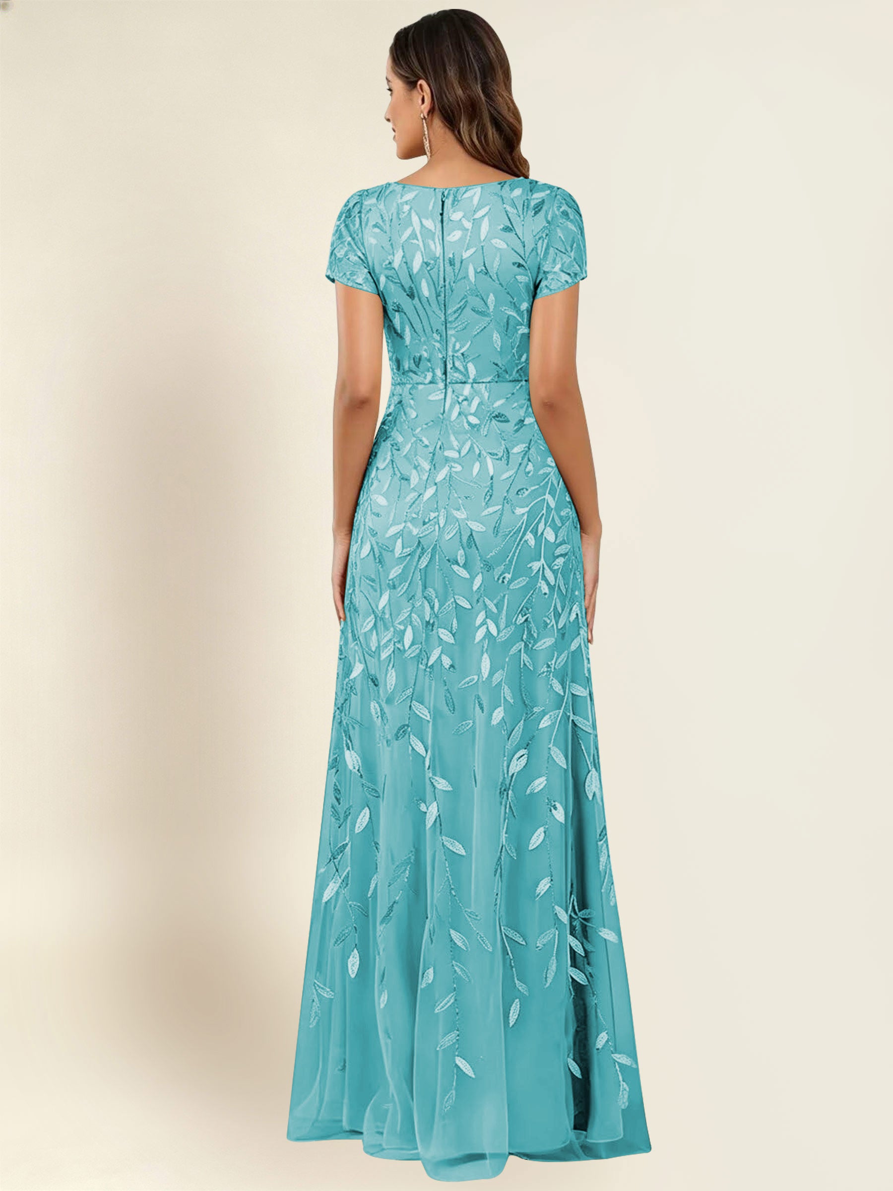 ROVDESY Sequin Mermaid Long Mother Of The Bride Dress With Short Sleeves Formal Gown