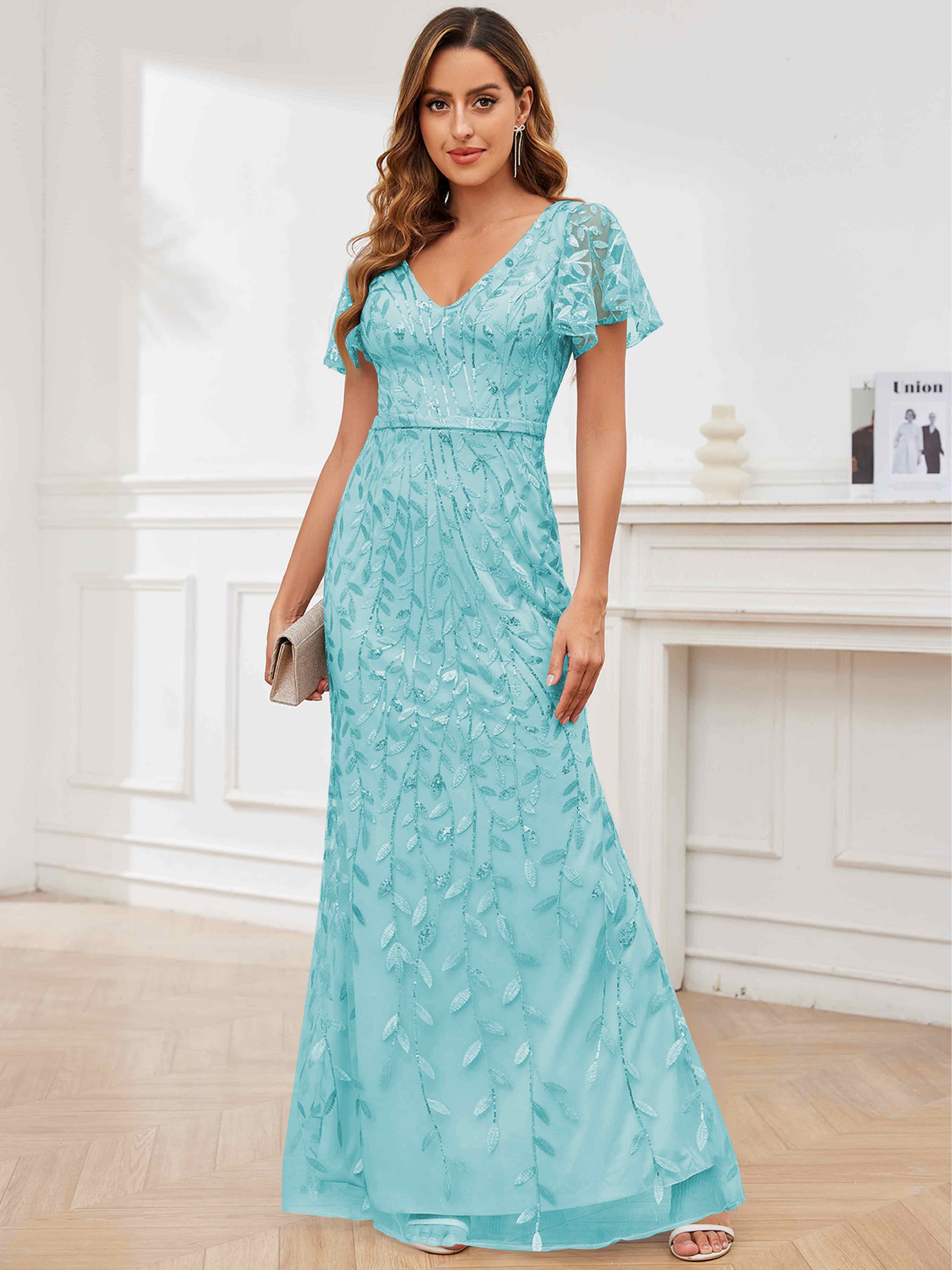 ROVDESY V-Neck Mermaid Sequin Mother Of The Bride Dress With Short Sleeves