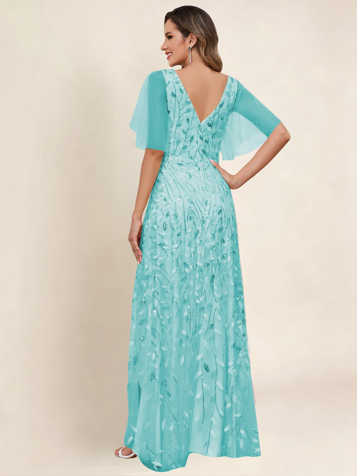 V Neck Sequin Tulle A Line Mother of the Bride Dress with Sleeves