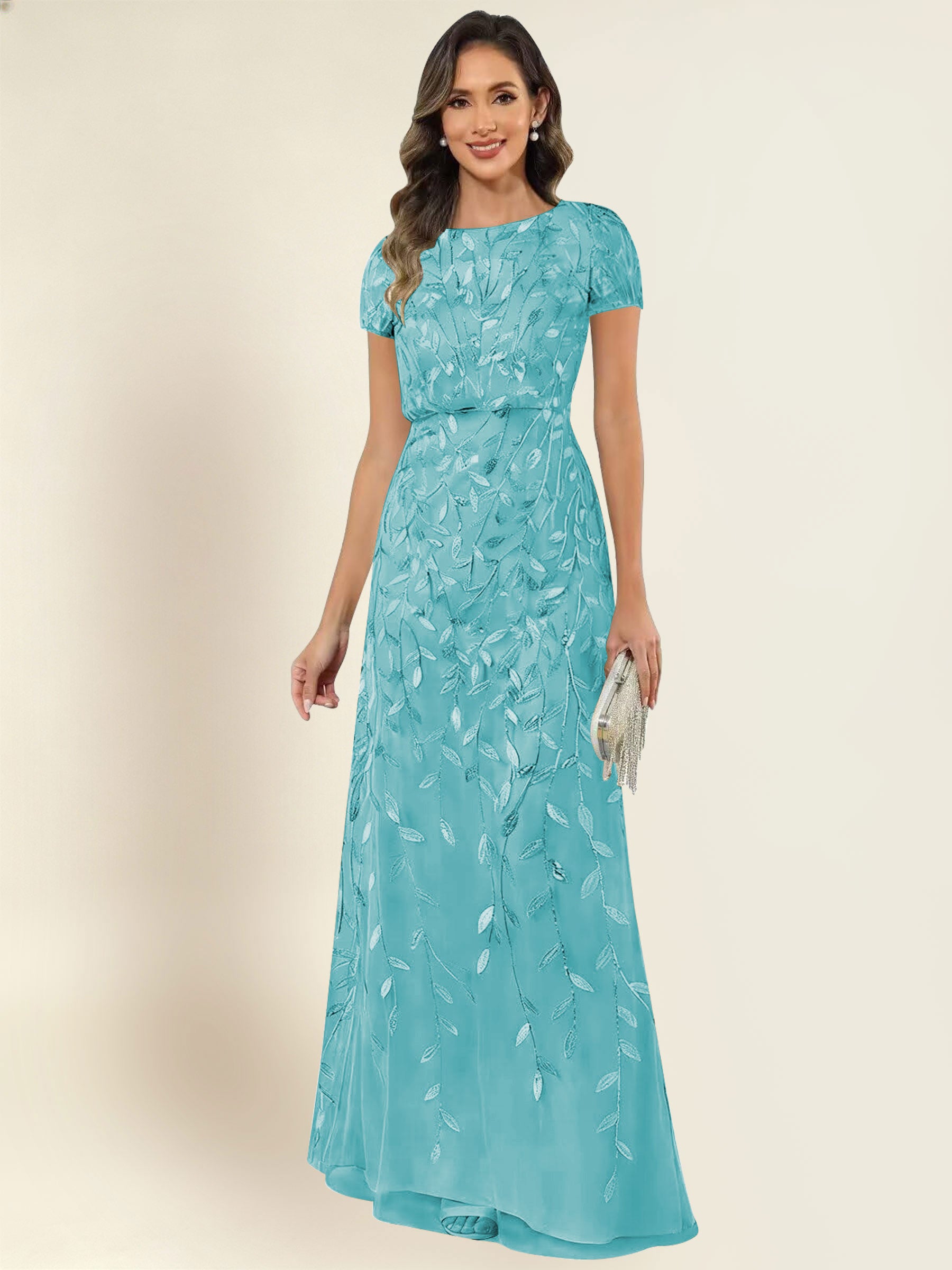 ROVDESY Sequin Mermaid Long Mother Of The Bride Dress With Short Sleeves Formal Gown
