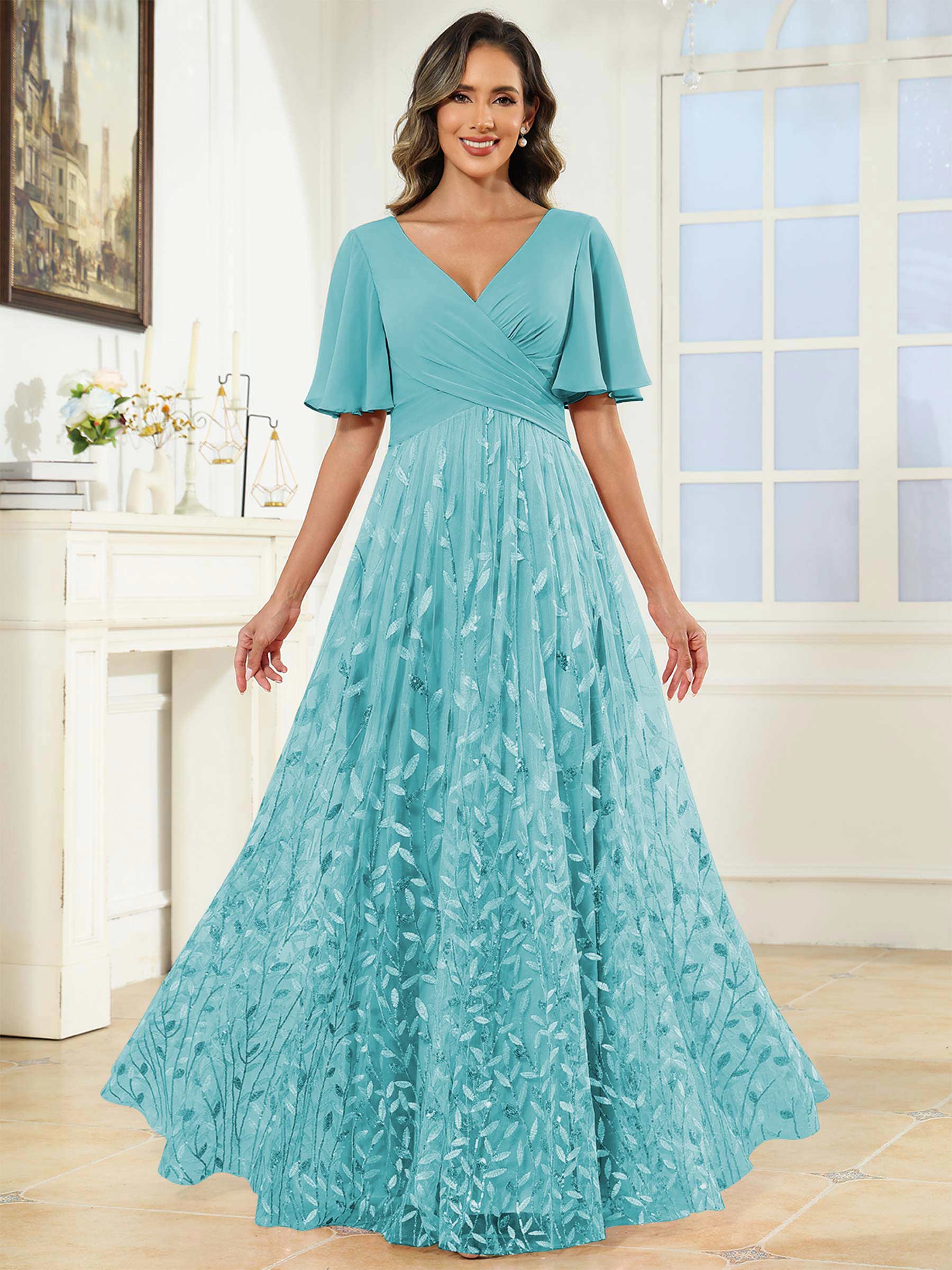 ROVDESY A-Line V-Neck Chiffon Sequin Mother Of The Bride Dress With Short Sleeves