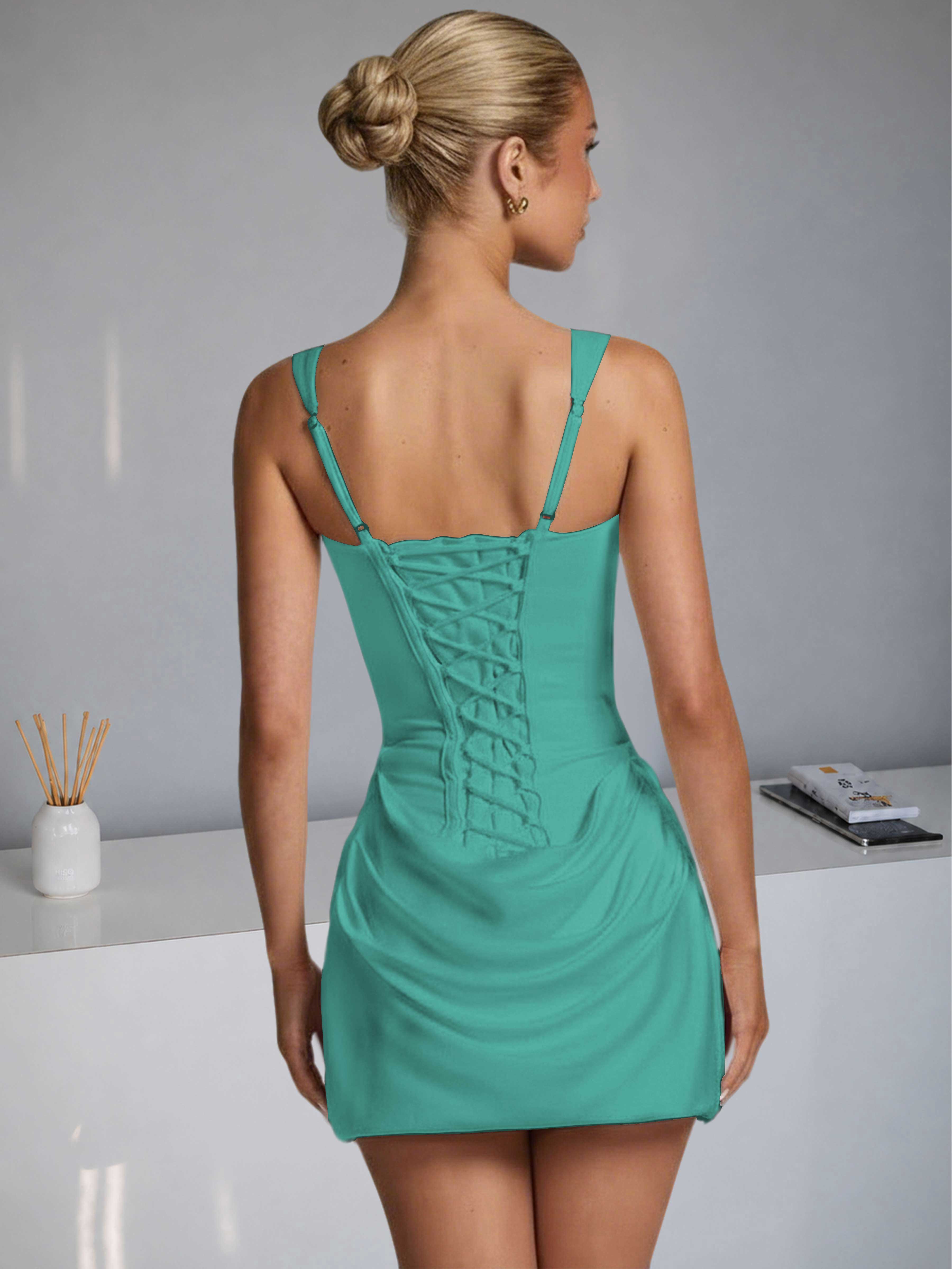 ROVDESY Square Neck Ruched Satin Homecoming Mini Dress