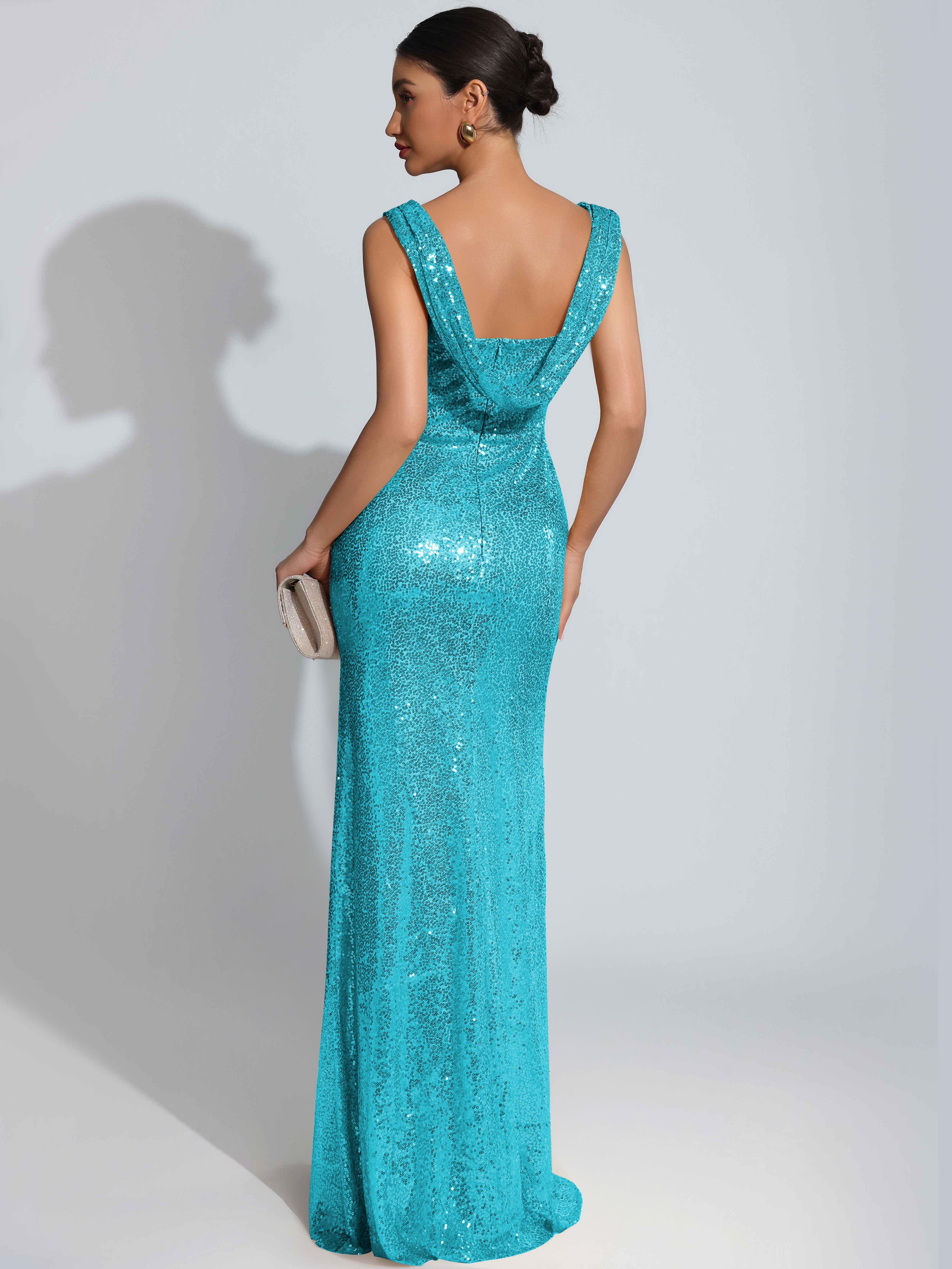 ROVDESY Sparkly Bateau Mermaid Ruched Sequin Long Prom Dress with Slit