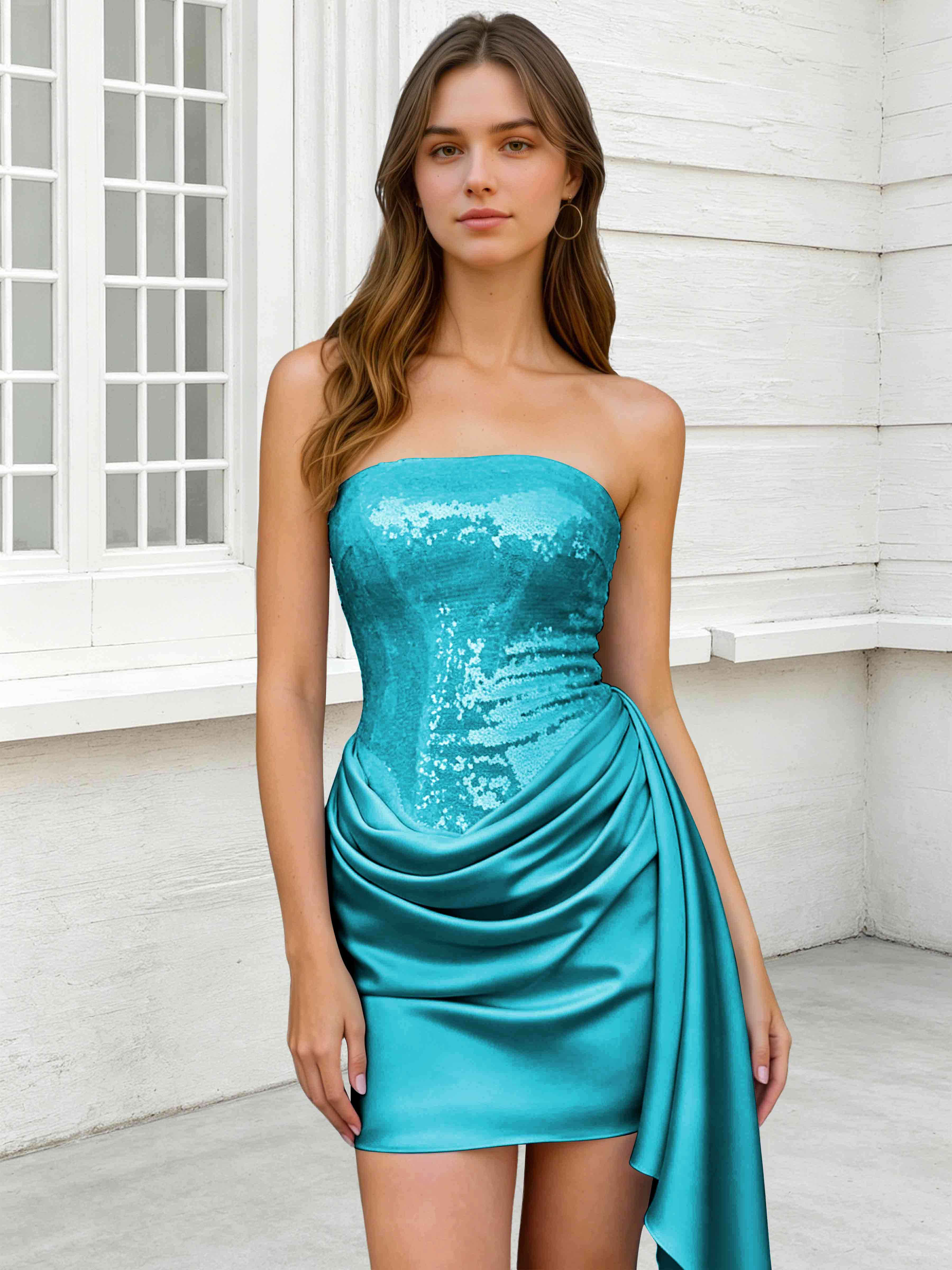 ROVDES Strapless Sequin Satin Tight Homecoming Mini Dress With Side Sash