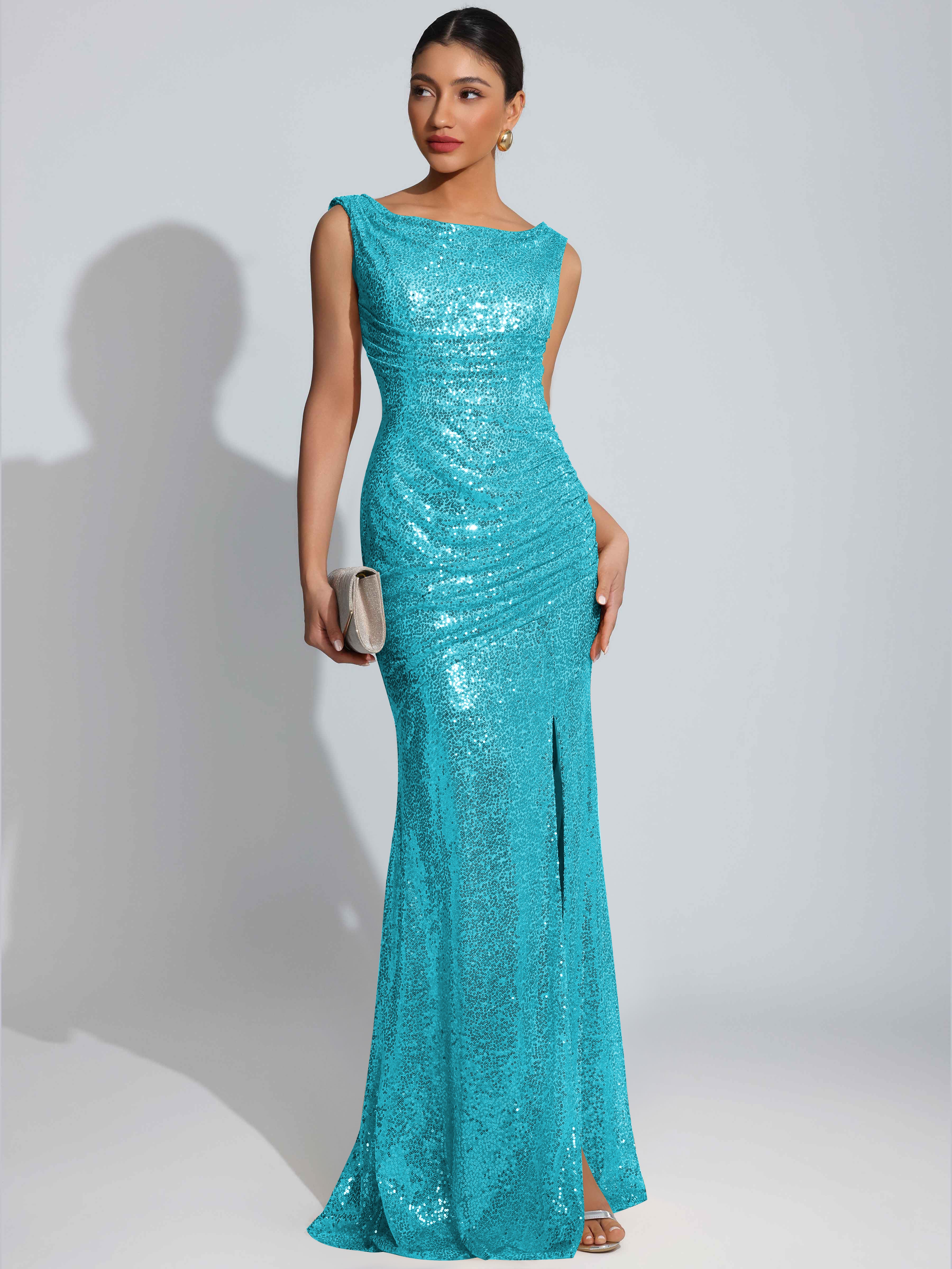 ROVDESY Sparkly Bateau Mermaid Ruched Sequin Long Prom Dress with Slit