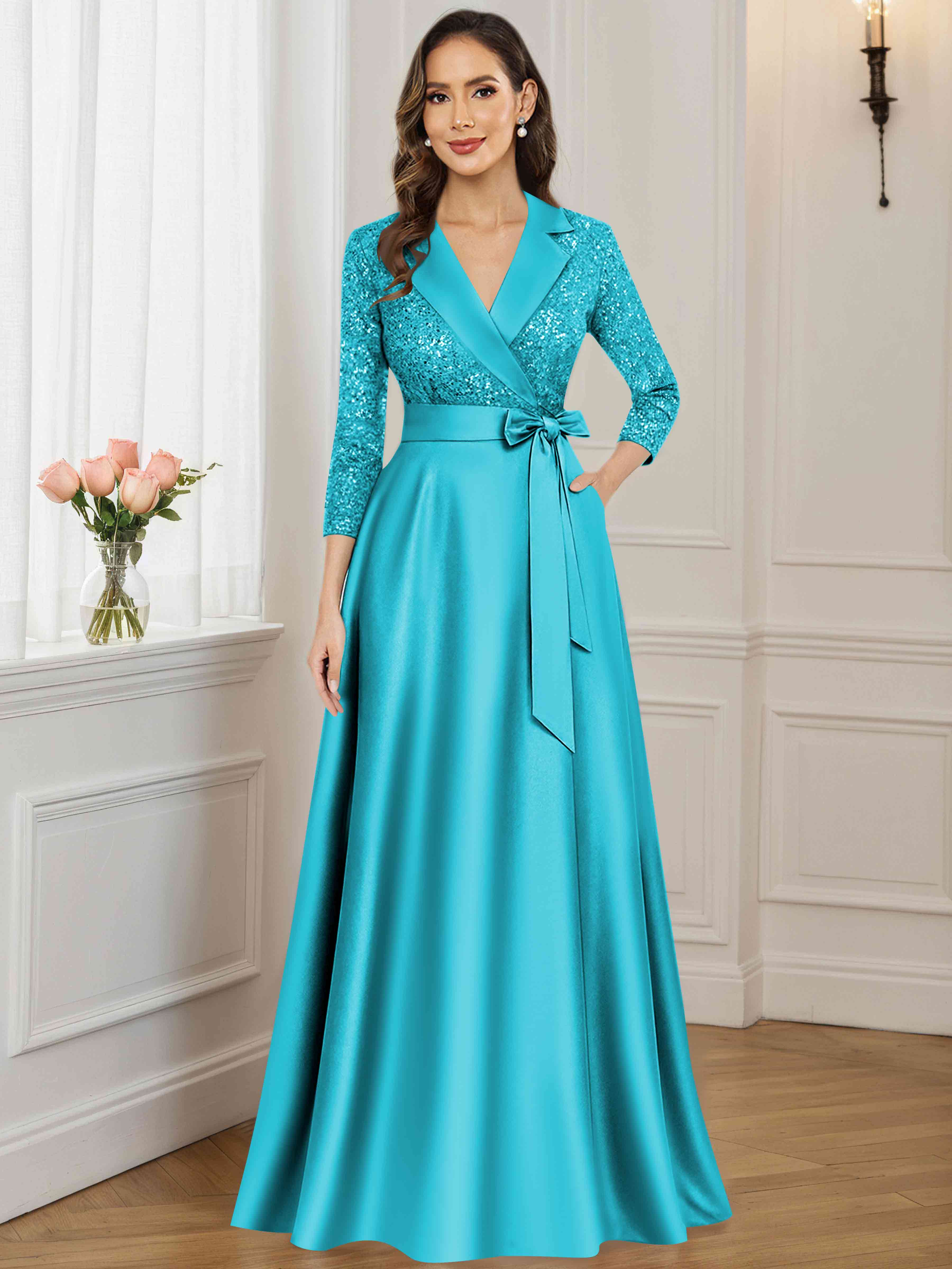 ROVDESY A-Line V Neck Sequin Satin  Long Mother of The Bride Dress Formal Gown With 3/4 Sleeves